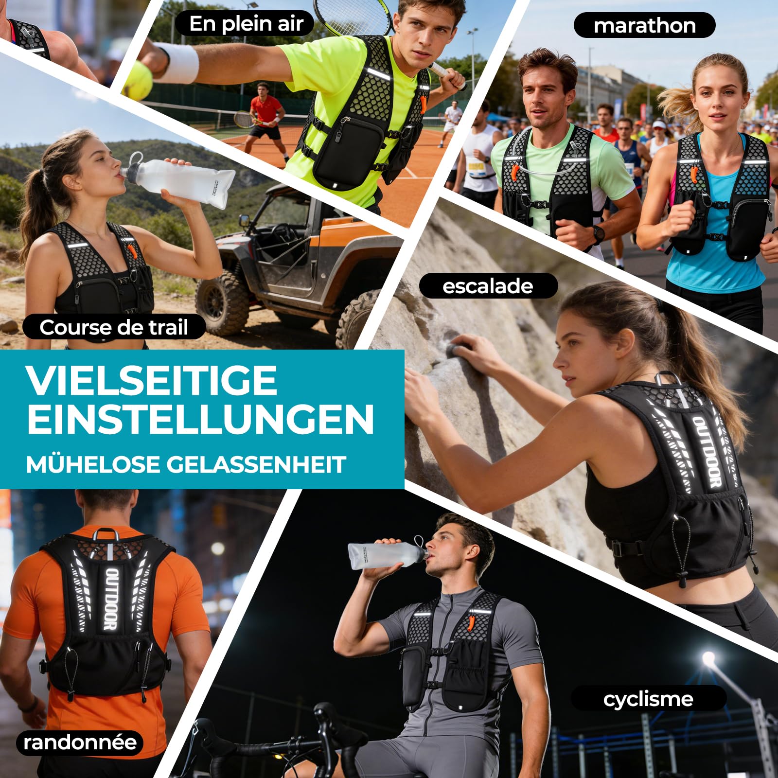 Gilet Running Hydratation Femme Homme Ultraléger 160 g, Gilet Trail Flasque 500ml, Sac Running Réglable Réfléchissant Sifflet, Poches Téléphone Course à Pied, Marathon, Trail, Randonnée