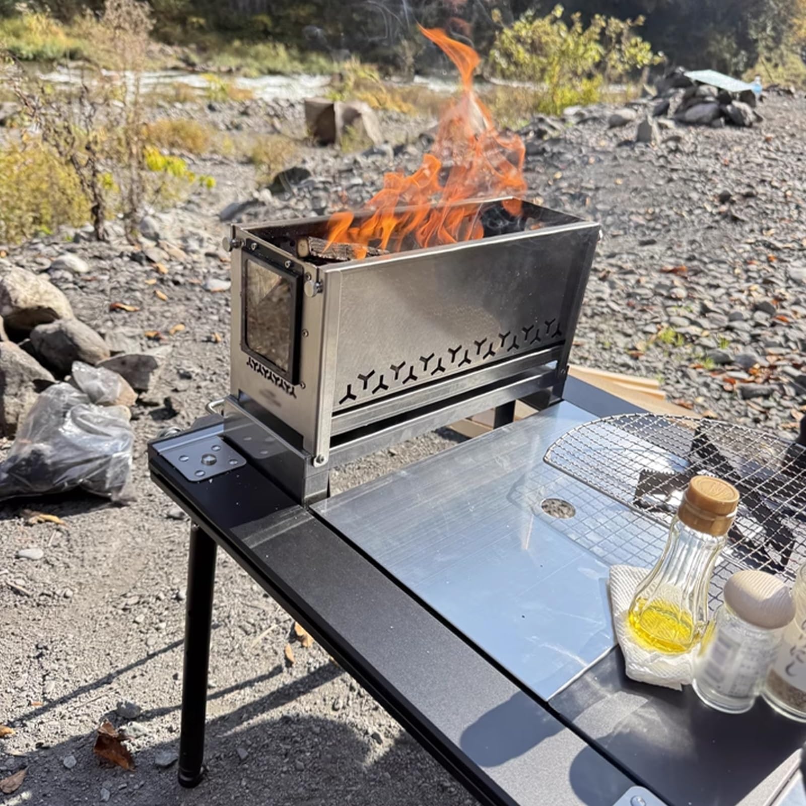 Fornello da Esterno Struttura in Acciaio Inossidabile Pieghevole Cucina a Legna da Campeggio con Cassetto Raccoglipolvere Adatto per Bollire L'acqua e Riscaldare