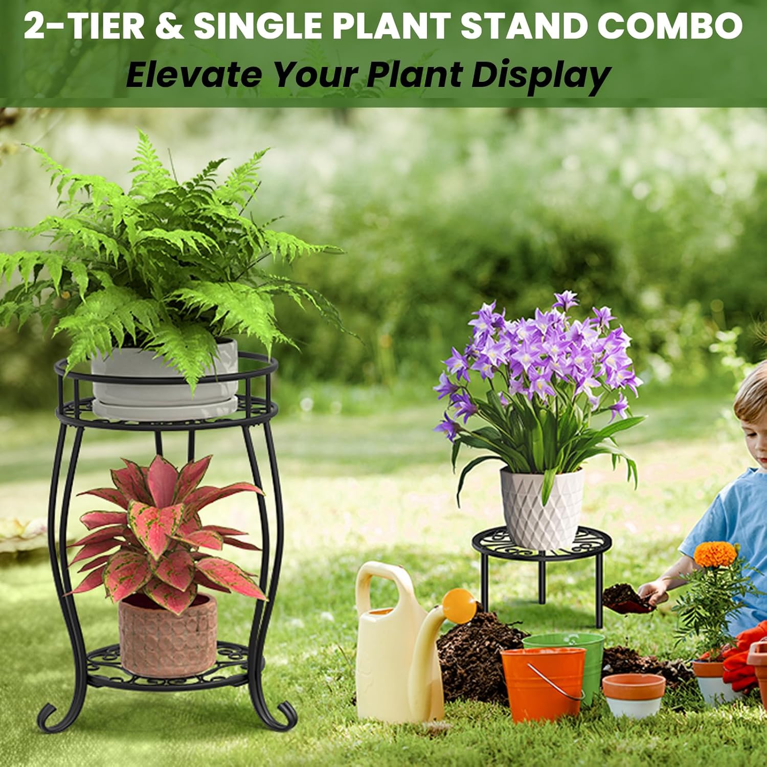 TOSKING 2-Tier & 9.1'' Single Metal Plant Stand Set – Single Stand with Adjustable Leveling Feet, Rustproof Heavy Duty Flower Pot Holder for Indoor/Outdoor, Stable Multiple Plant Rack for Balcony Garden Patio Living Room Bedroom, Black