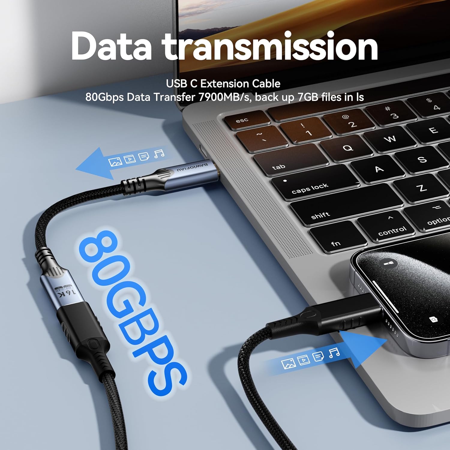 1ft/0.3M usb c to usb c Extension Cable Compatible with Thunderbolt 5, high Speed 80gbps Data Transfer,240w USB 5 Type C Male to Female Extension Cable 5A Fast Charging,8K/16K Video Display. - Image 2