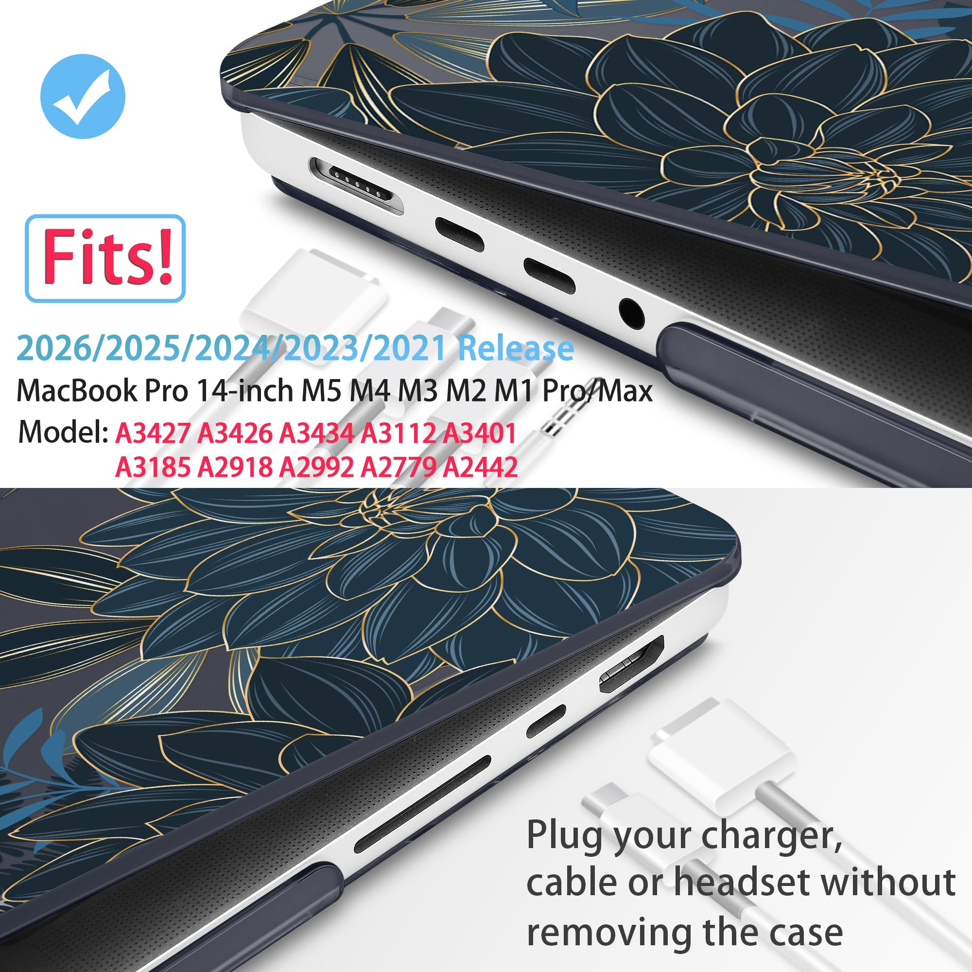 Mektron Funda para MacBook Pro de 14 Pulgadas 2023 2022 2021 Modelo M3 A2918 A2992 M2 A2779 M1A2442 Pro/MAX, Funda rígida de plástico para MacBook Pro de 14 Pulgadas con Touch ID, Flor de Dalia C035