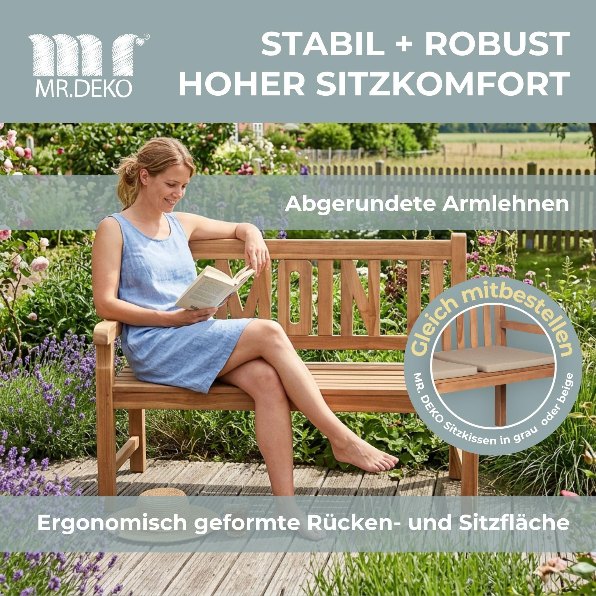 MR. DEKO Gartenbank wetterfest Sitzbank Outdoor Teak Balkon Bank Motiv Moin | Holz 2-Sitzer 120x60x94cm