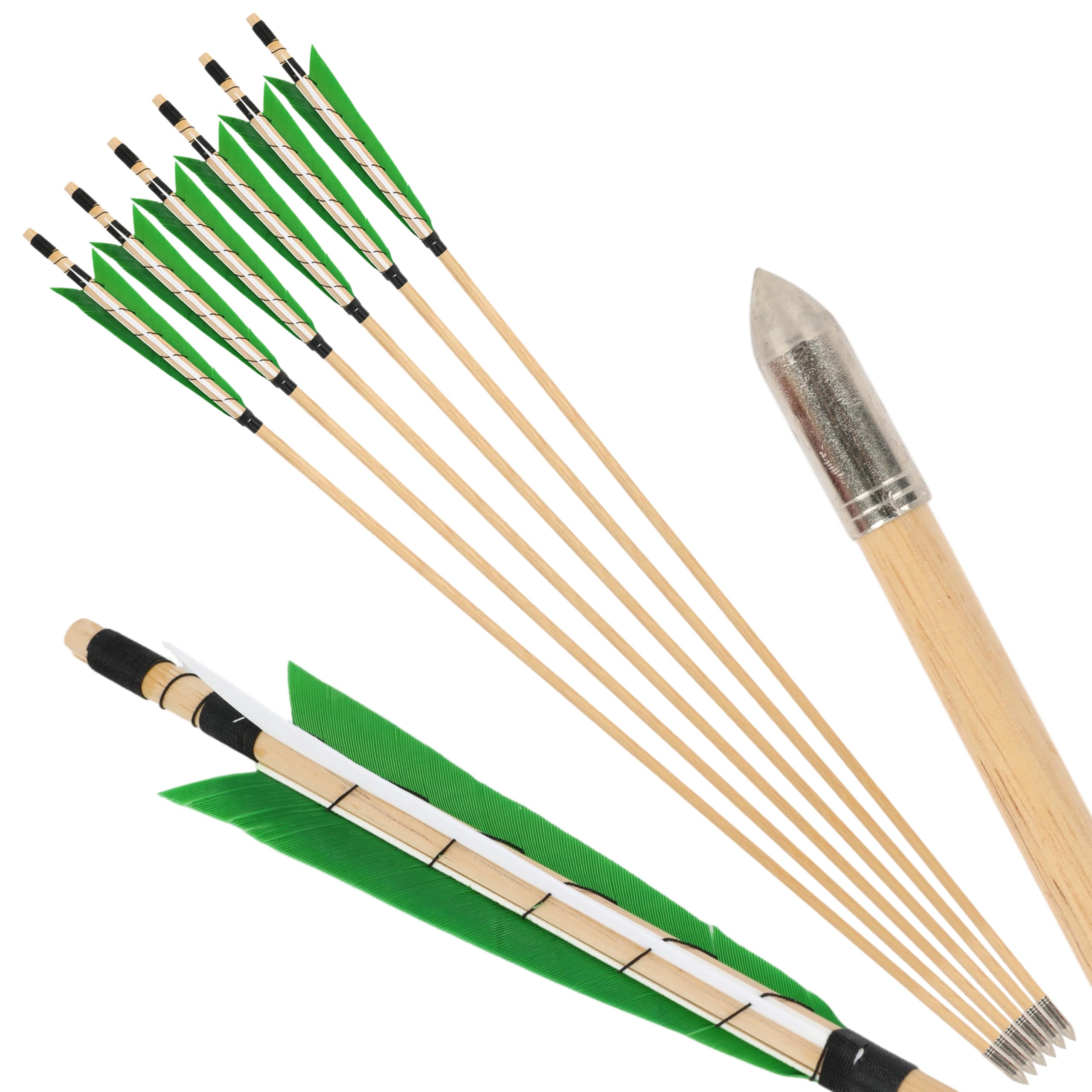 surwolf 31" Archery Wooden arrows Traditional Handmade with 6" Turkey feather Sleeve points OD8.5mm Wooden shaft Hunting Practice Targeting for Long/Recurvebow Horsebow 12pcs (greenwhite, 6pcs)