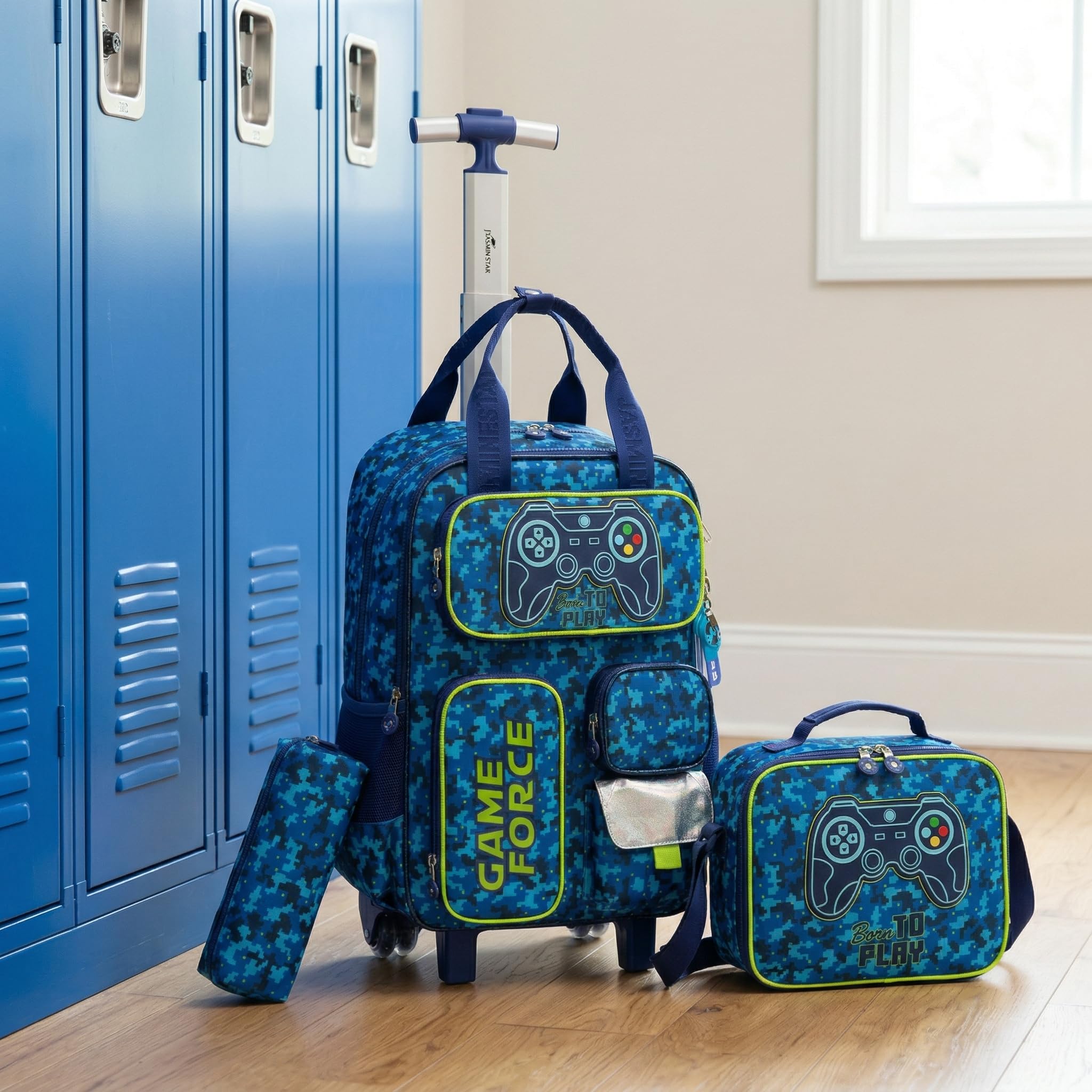 Zaino con Rotelle Bambino Tasche Multifunzionali Joystick Trolley Zainetto Asilo Scuola Elementare Primaria Borsa Pranzo Portamatite Grande Carrello Valigia Ragazzo Viaggio Blu