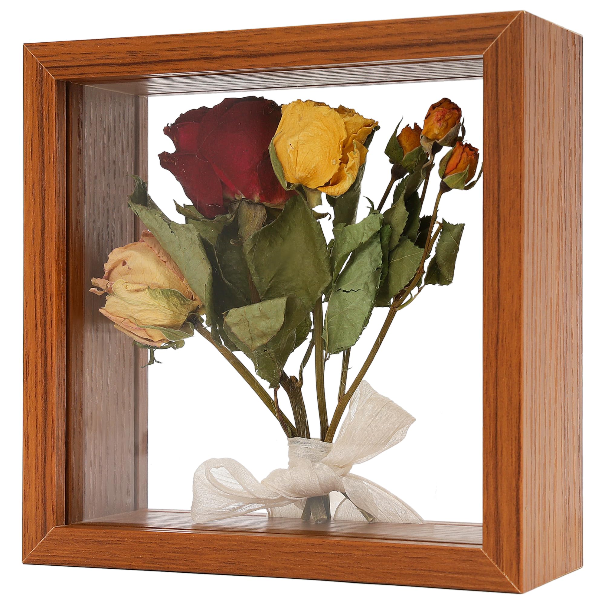 Wooden Dried Flower Shadow Box Frame, Floating Frame for Pressed Flowers, Wood Double Acrylic Picture Frame Tabletop Display DIY Gifts for Family,Square, Dark Brown,6×6 inches (Frame ONLY)