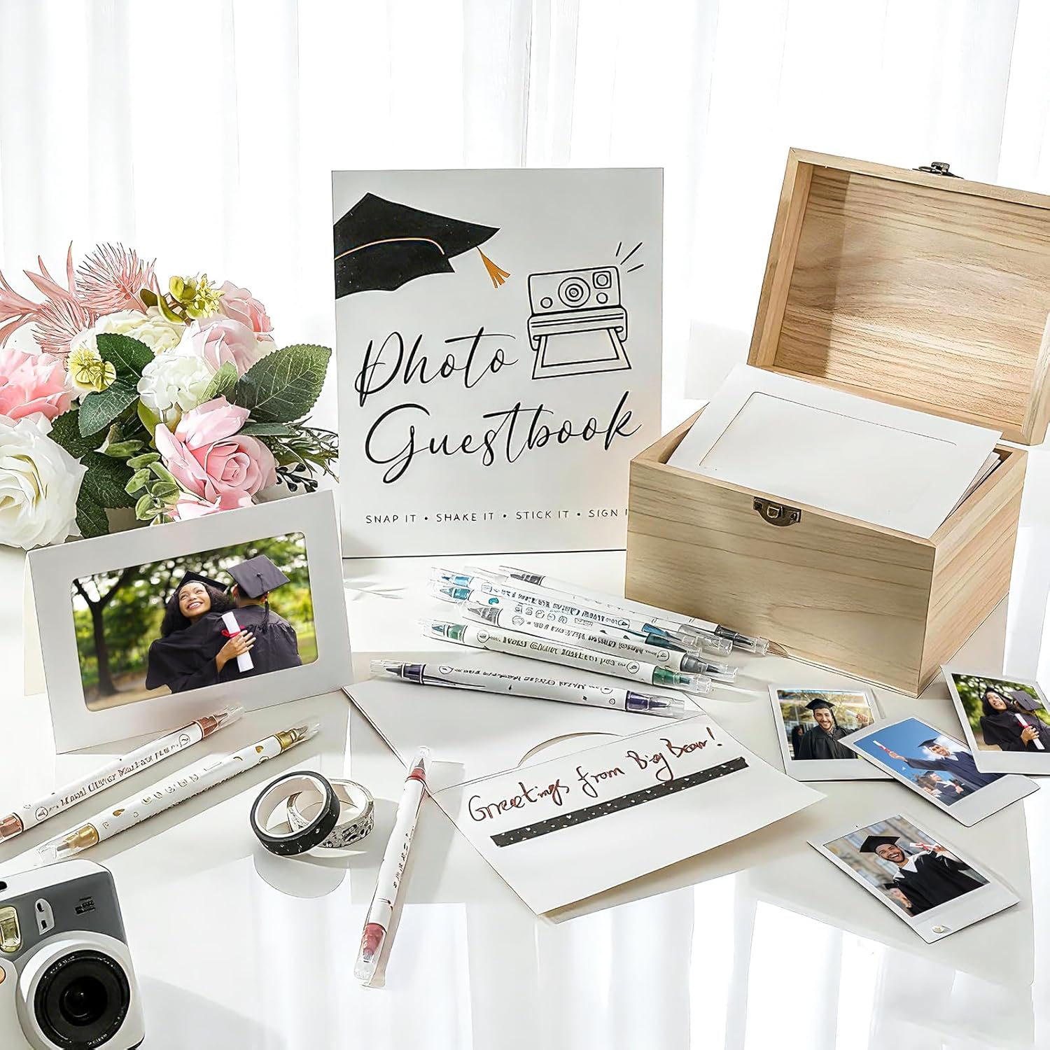 Epakh Class of 2026 Graduation Wishes Cards Box Graduation Party Photo Frame Note Cards for 4" x 6" Photos with 10 Metallic Markers 2 Washi Tape Wooden Keepsake Box for Grad Party Decor(White Card)