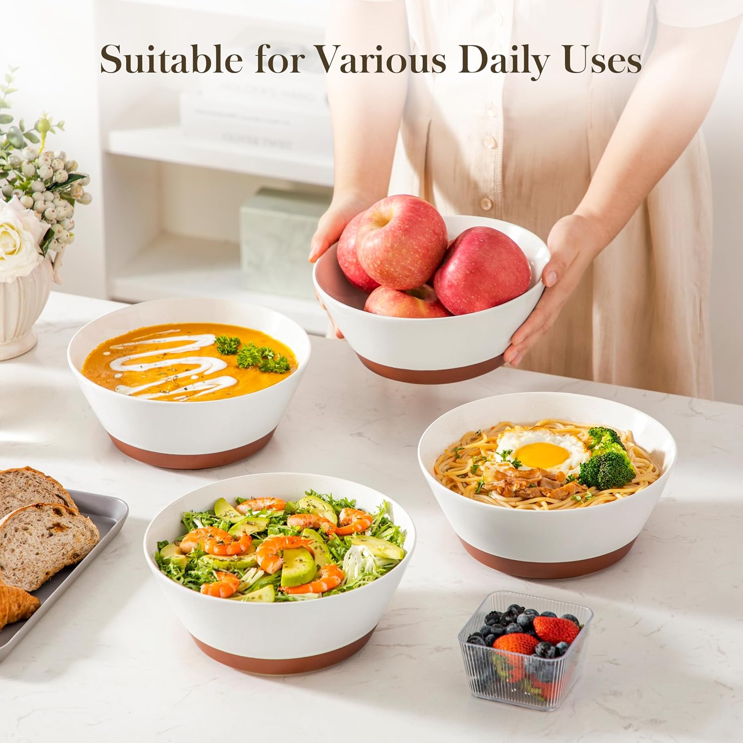 MALACASA Salad Bowls Set of 4, Soup Bowls for Kitchen, 60oz Large Ceramic Bowl for Ramen, Cereal, Fruit, Pho and Pasta, Microwave & Dishwasher Safe, Speckled Deep Bowls, White & Brown - Image 5