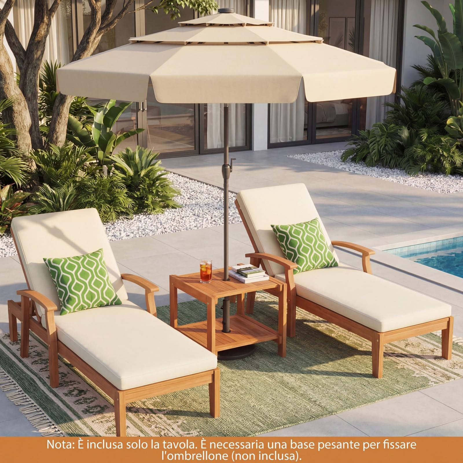 COSTWAY Tavolino da Esterno con Foro per Ombrellone 4 cm, Tavolo da Balcone in Legno Massello, a 2 Ripiani, Salvasapzio, per Giardino, Terrazzo, Cortile, Portata 40 kg, 51 x 48 x 45 cm