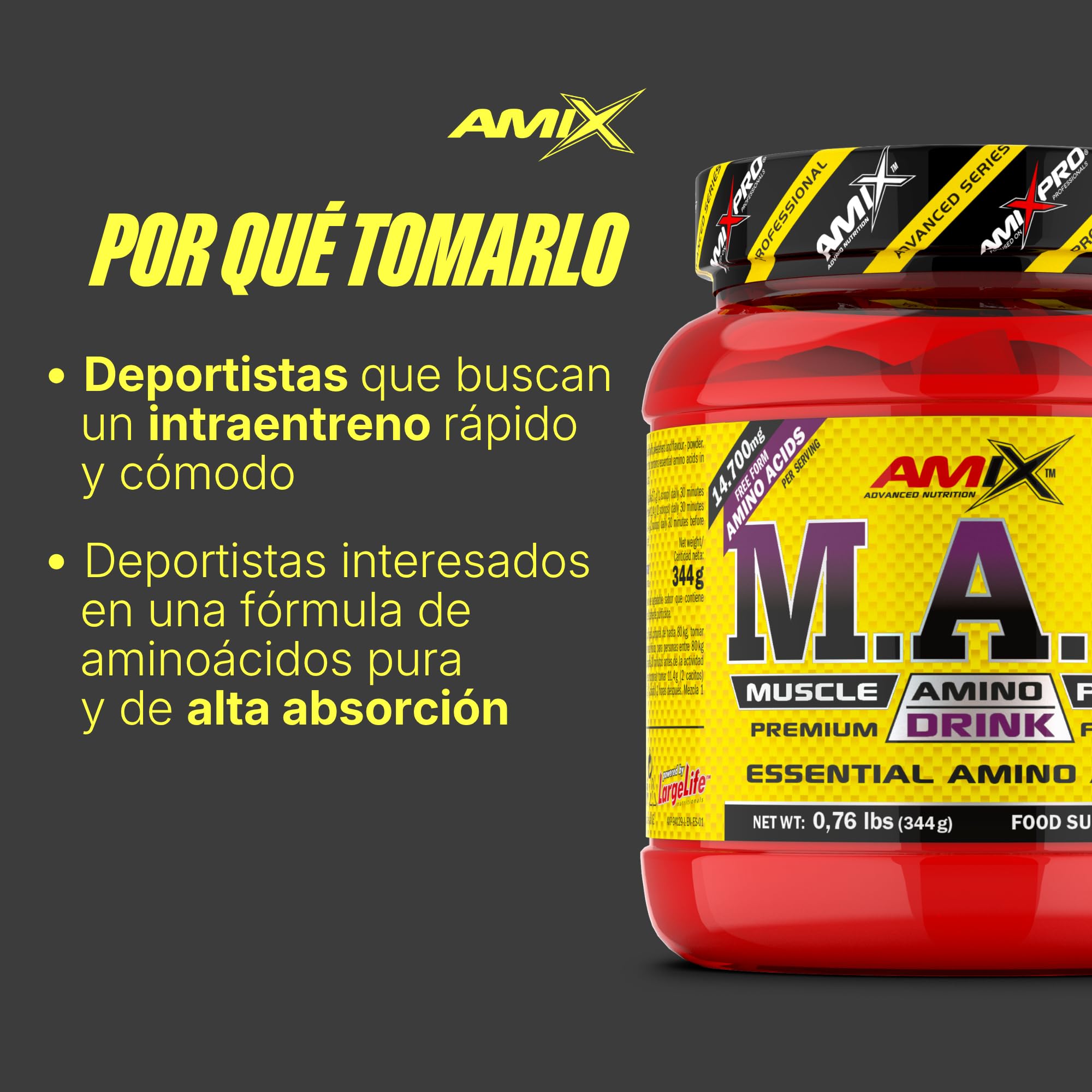 AMIX - Aminoácido en Polvo Muscle Amino Power - Suplemento Alimenticio que Aumenta la Fuerza y la Resistencia Muscular - Sabor Frutas del Bosque - 344 g
