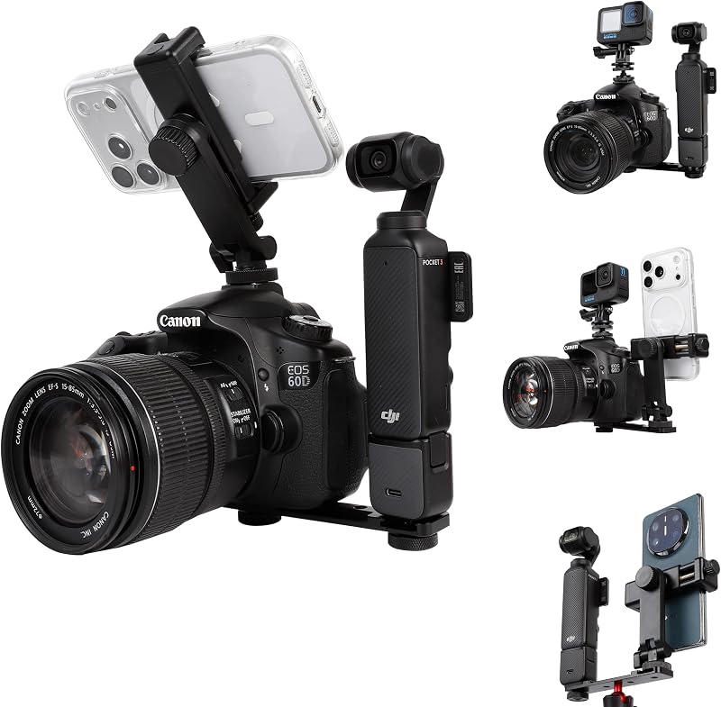Multi-Camera Mount Rig for DJI Osmo Pocket 3 4 insta360 Luna Ultra & DSLR Digital Action Camera – Dual 1/4" Screws with Cold Shoe Mounts, Tripod Compatible, Supports Phone as Monitor