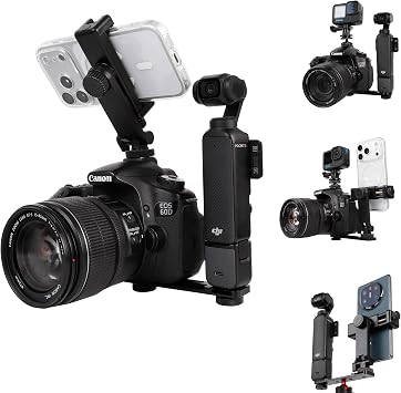 Multi-Camera Mount Rig for DJI Osmo Pocket 3 4 insta360 Luna Ultra & DSLR Digital Action Camera Dual 1/4" Screws with Cold Shoe Mounts, Tripod Compatible, Supports Phone as Monitor