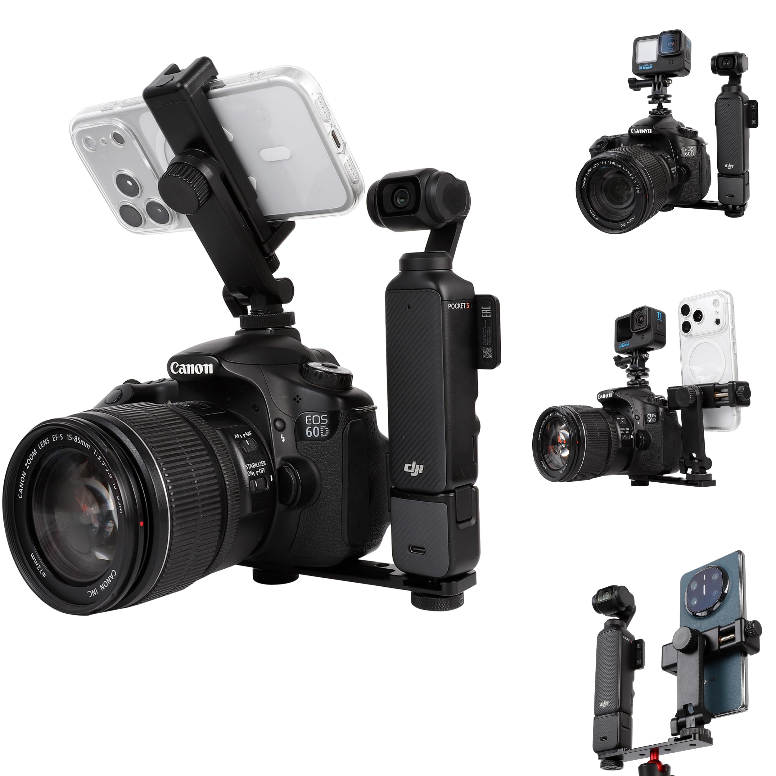 Photo 1 of Multi-Camera Mount Rig for DJI Osmo Pocket 3 4 insta360 Luna Ultra & DSLR Digital Action Camera – Dual 1/4" Screws with Cold Shoe Mounts, Tripod Compatible, Supports Phone as Monitor