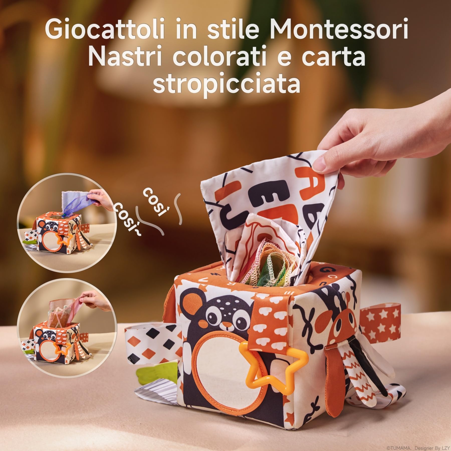 TUMAMA Kids Scatola di Fazzoletti Montessori 0 3 6 Mesi, Giocattoli Sensoriali per Bambini, Giochi Neonato, Specchio, Teether, Giochi Tummy Time Neonato, Regalo per Bambini e Bambine