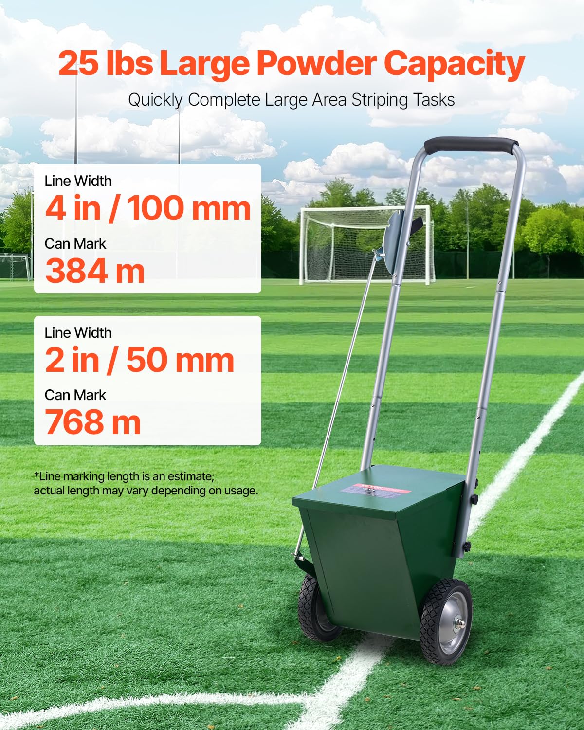 VEVOR Segnalinee a Secco per Campi da Gioco, 2 Ruote, Linee 50-100 mm, Segnalinee Regolabili, con Maniglia di Regolazione in Gomma, Capacità Polvere 11,3 kg, per Baseball Infield, Verde