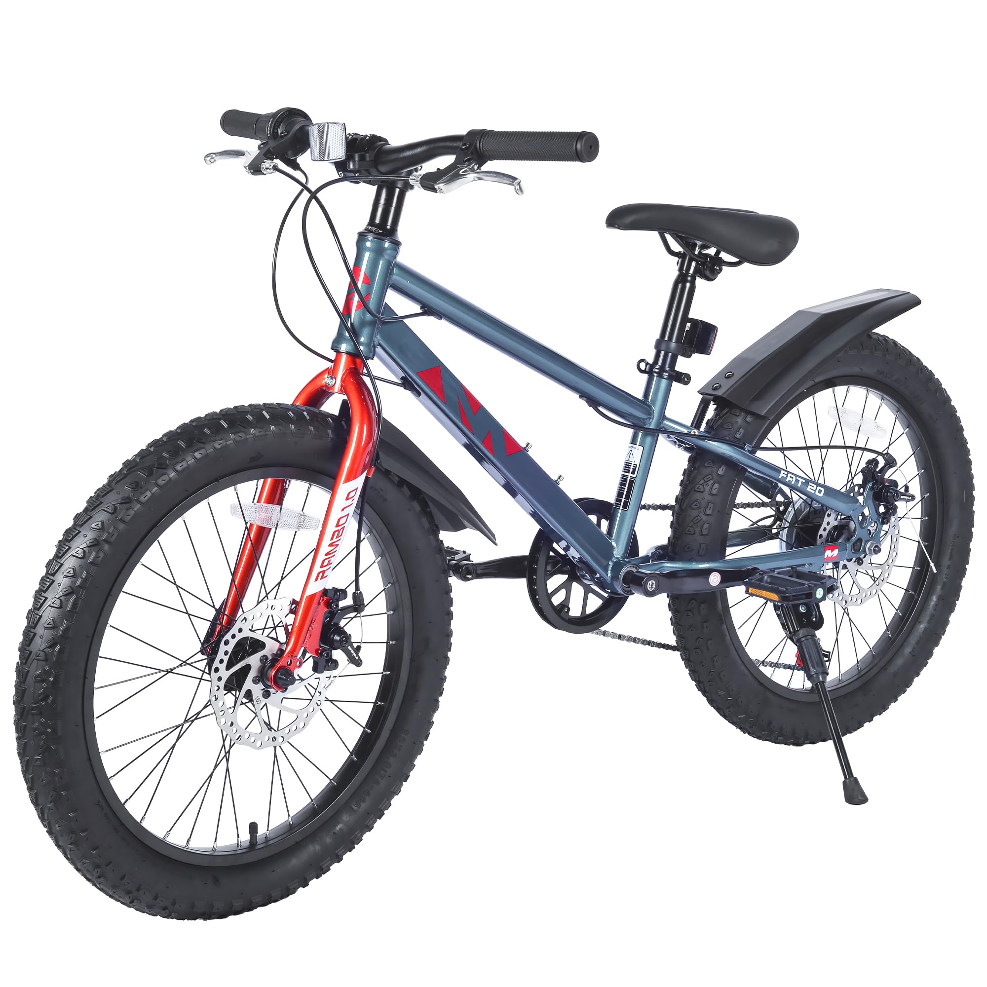 MAKELEN 20x3.0 Fat Tire Kids Mountain Bike Snow Bike Beach Bike for 7-10 Years Old Steel Frame Disc Brake Bike 7 Speeds, Grey&Red