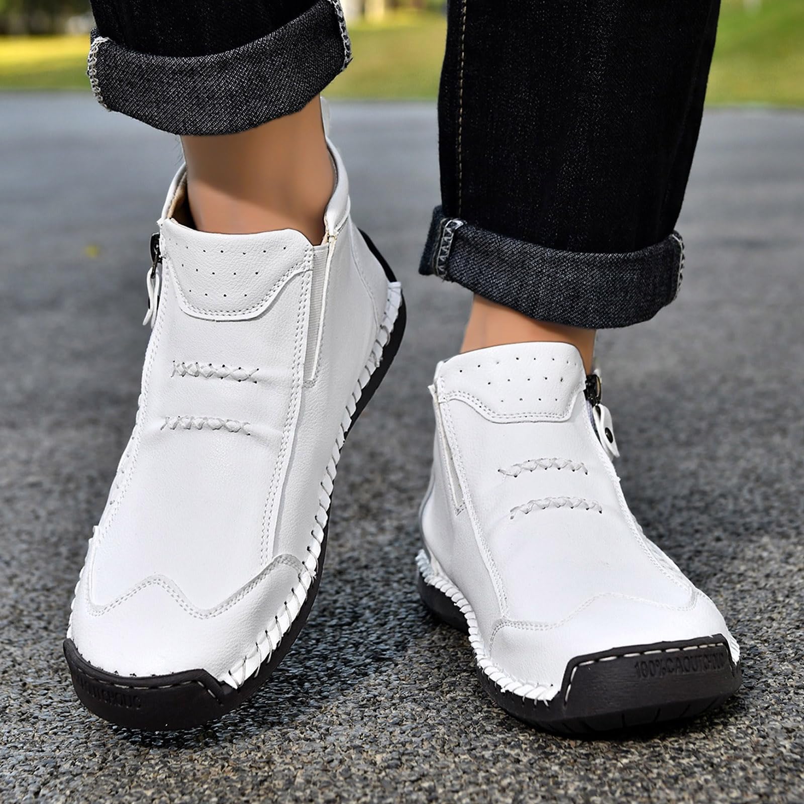 YHTRFDMSG Men's High Top Loafers Shoes,Handcrafted Leather Waterproof Non-Slip Orthopaedic Ankle Boots Side Zipper Hiking Orthopedic Fleece Slip-On Footwear for Outdoor Walking — view 7