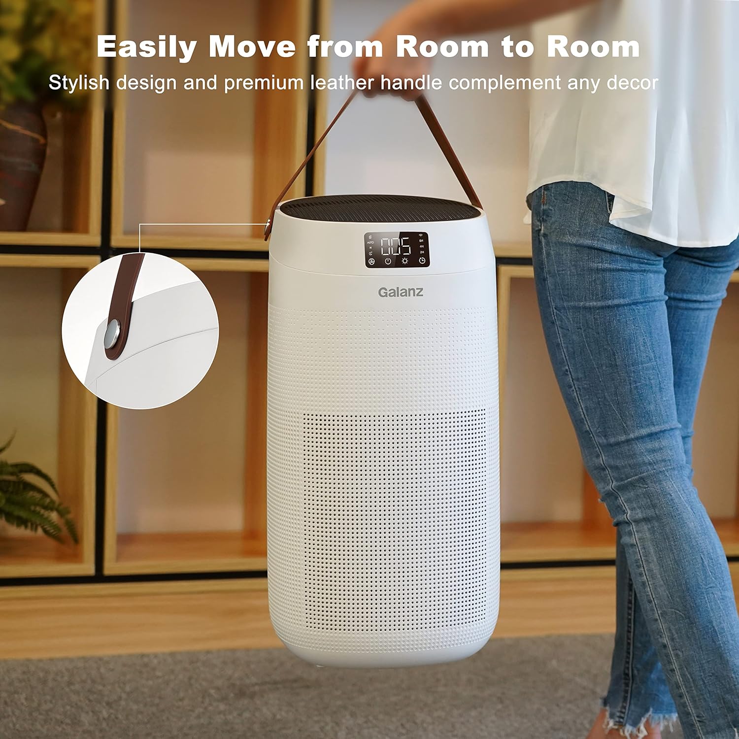 Galanz Pro Air Purifier, Smart WiFi, Auto Air Quality Monitor, 3-Stage H13 HEPA Filter for 875 sq ft Large Room, 99.99% of Particles, Pet Allergies, Mold, Smoke, White