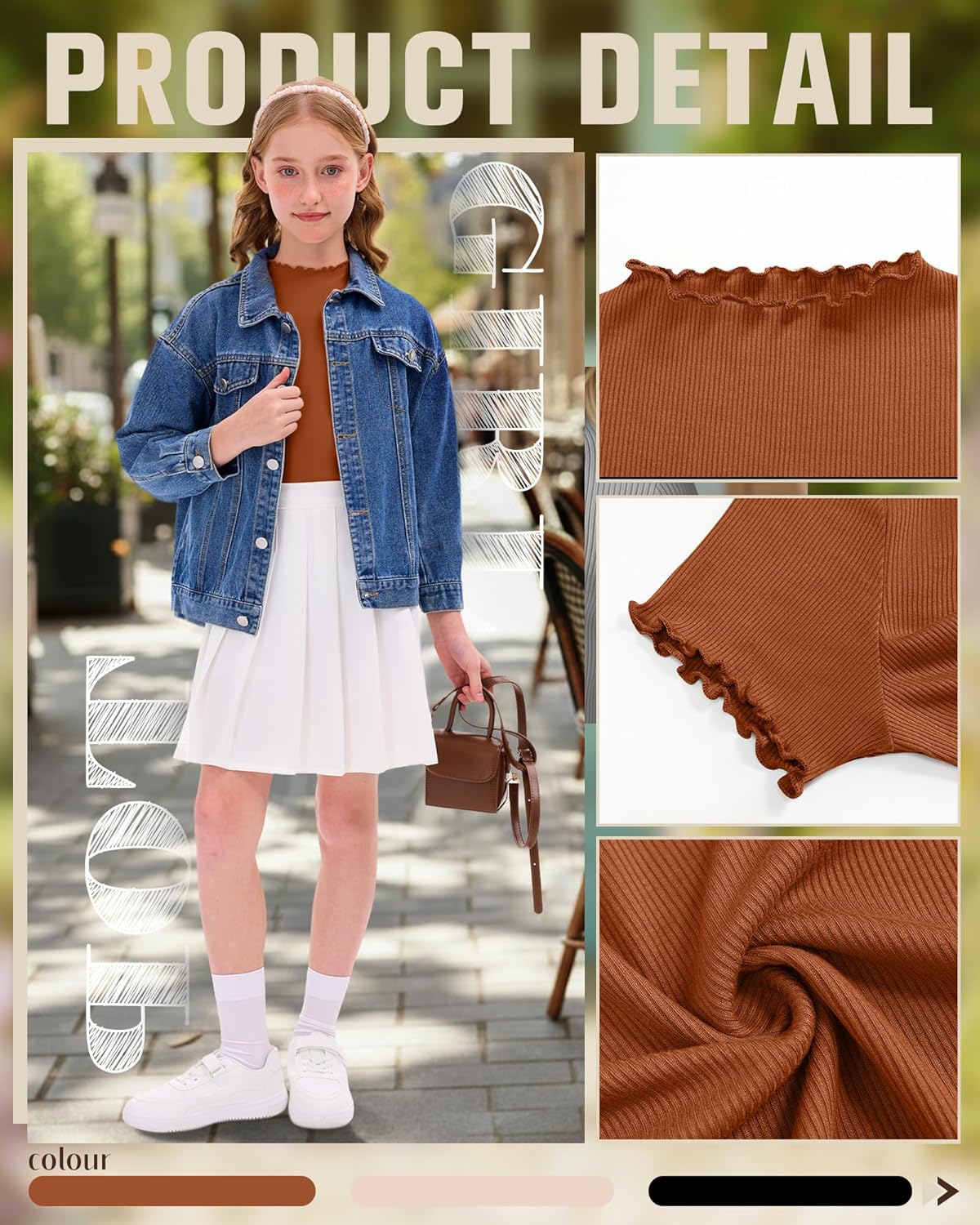 3 Pack Girls Mock Turtleneck Cotton Ribbed Shirts Short Sleeve Slim Lettuce Trim Tops Kids Casual Cute Basic Tees - Image 5