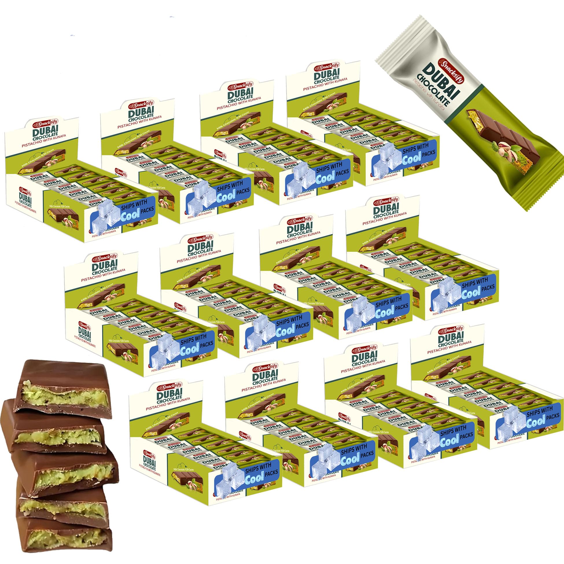 Mini Dubai Chocolate (Pack of 288) Kunafa Pistachio Bar- 27gr Total 17.16 pounds.-, Perfect for Gifting, Fresh Daily Production 288 Pieces Dubai Chocolate with Shredded Phyllo Dough
