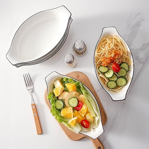 Miniatura 5 de UIBFCWN Juego de platos ovalados para horno, mini cacerola pequeña de porcelana blanca, bandeja para hornear gratinada, cuencos divididos de