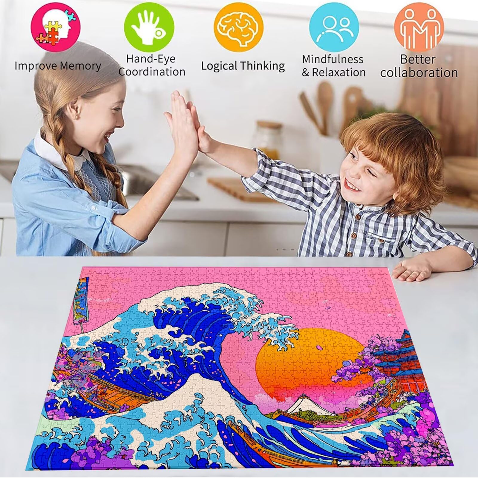 Japan Puzzle 1500 sztuk Puzzle dla dorosłych DIY klasyczna gra, puzzle w kształcie fal, Relaks i inteligencja dla 14-letnich chłopców 87 x 57 cm/1500 sztuk z drewnianym pudełkiem prezentowym H-2173