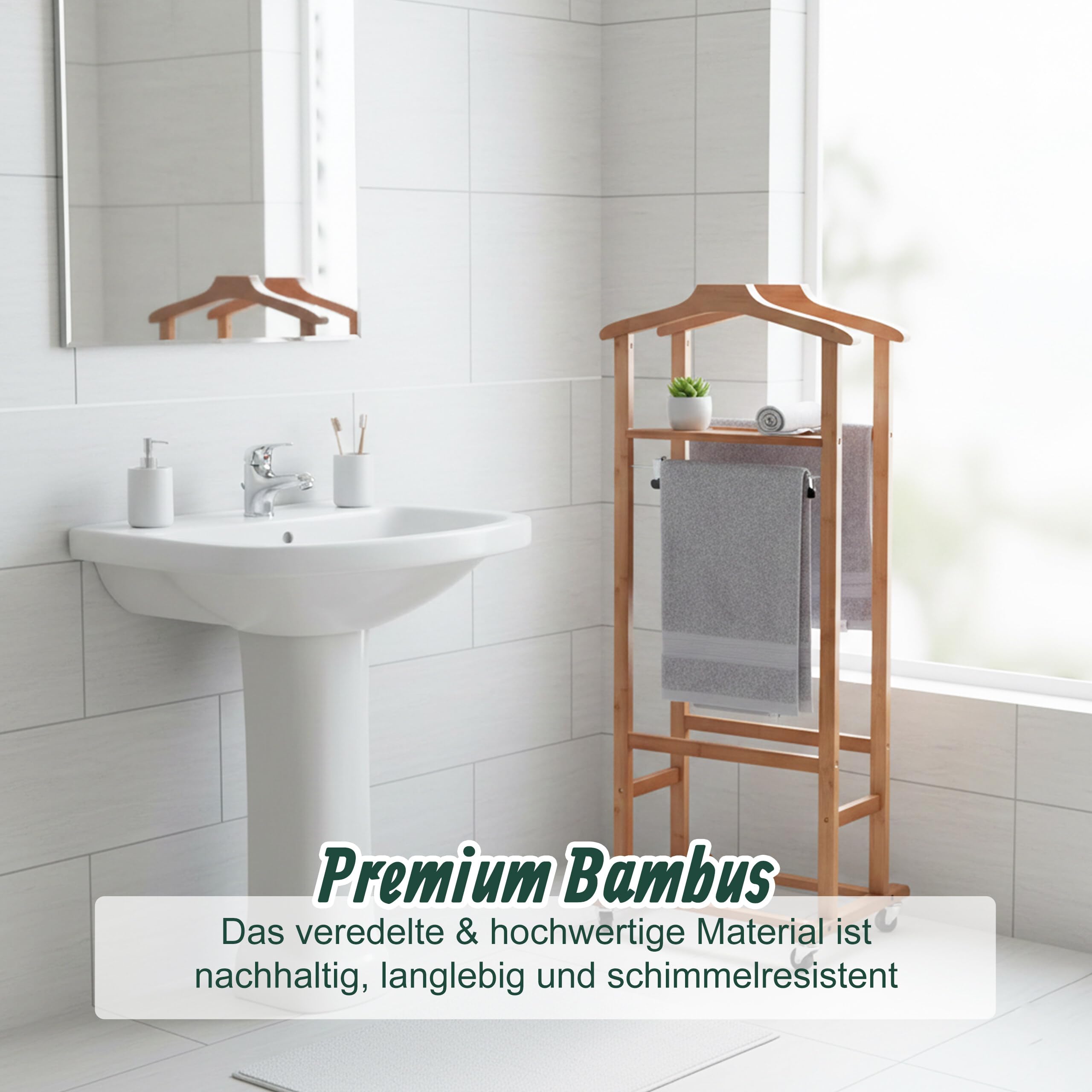 Relaxdays Herrendiener auf Rollen, Stummer Diener, Premium-Bambus, Kleiderablage Schlafzimmer, HBT: 107x47x37 cm, braun