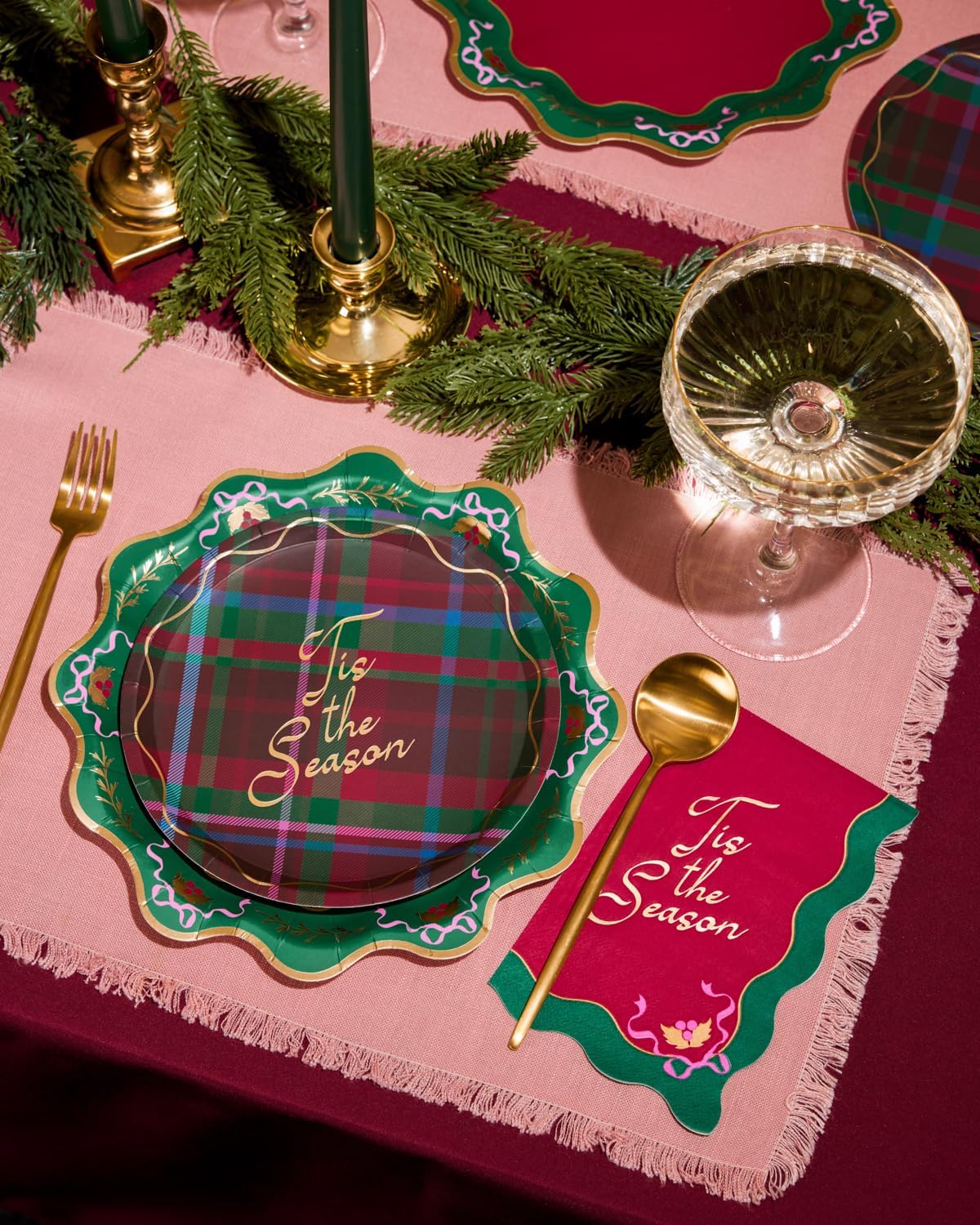 xo, Fetti Tis the Season Plate Set - 32 plates | Christmas Party Plates, Wavy Edge, Gold Foil, Red Green, Holiday Tableware, Dessert & Dinner, Festive Decor, Girly Glam