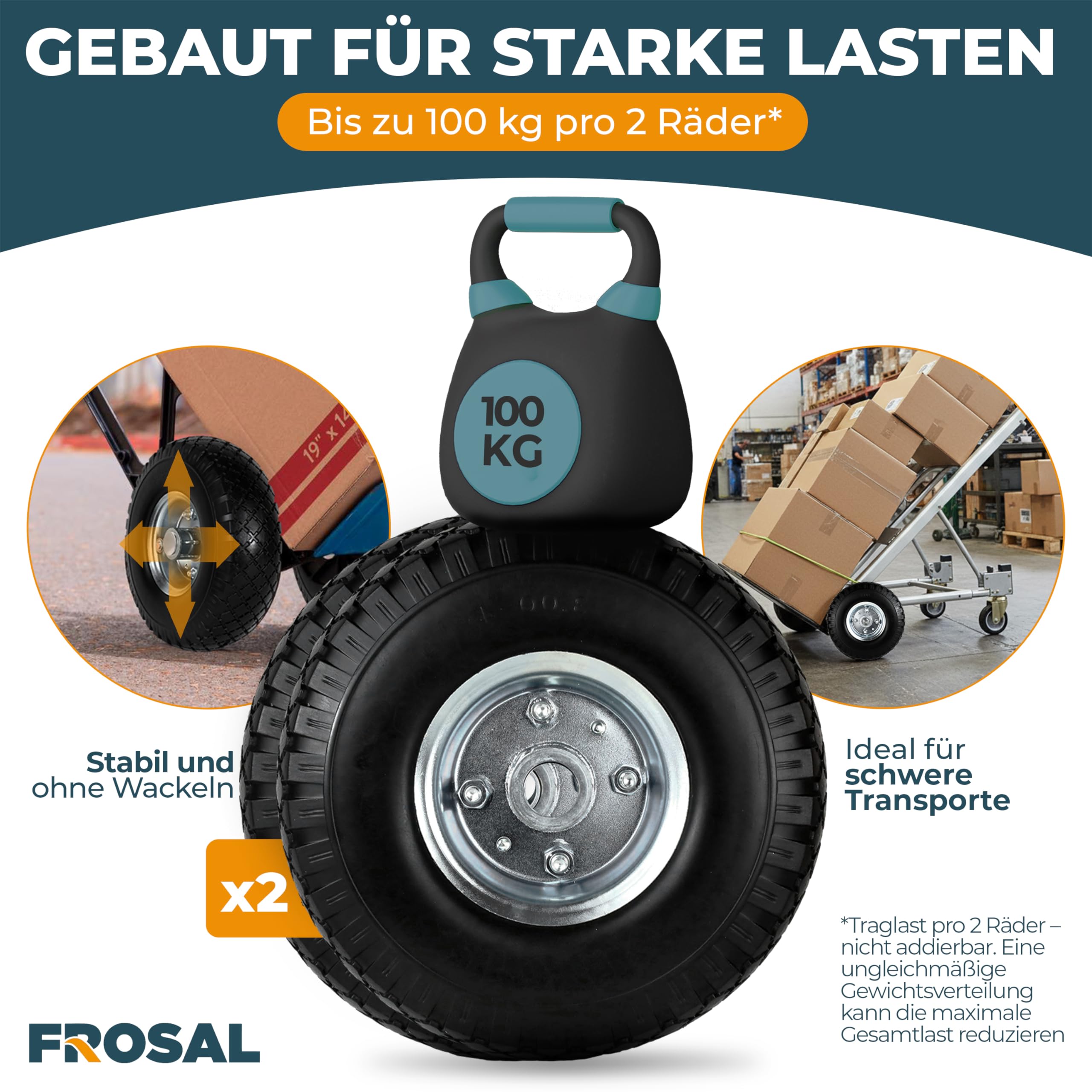 FROSAL 2x Vollgummireifen 260mm (3.00-4) pannensicher – Ersatzrad für Bollerwagen & Sackkarre – PU Rad mit Stahlfelge silber & Kugellager, 20mm Achse – wartungsfrei