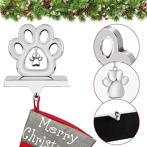 Miniatura 5 de Hooqict Juego de 4 soportes de calcetines de Navidad con diseño de pata de perro para chimenea, soportes de metal plateado, clips de calcetines de