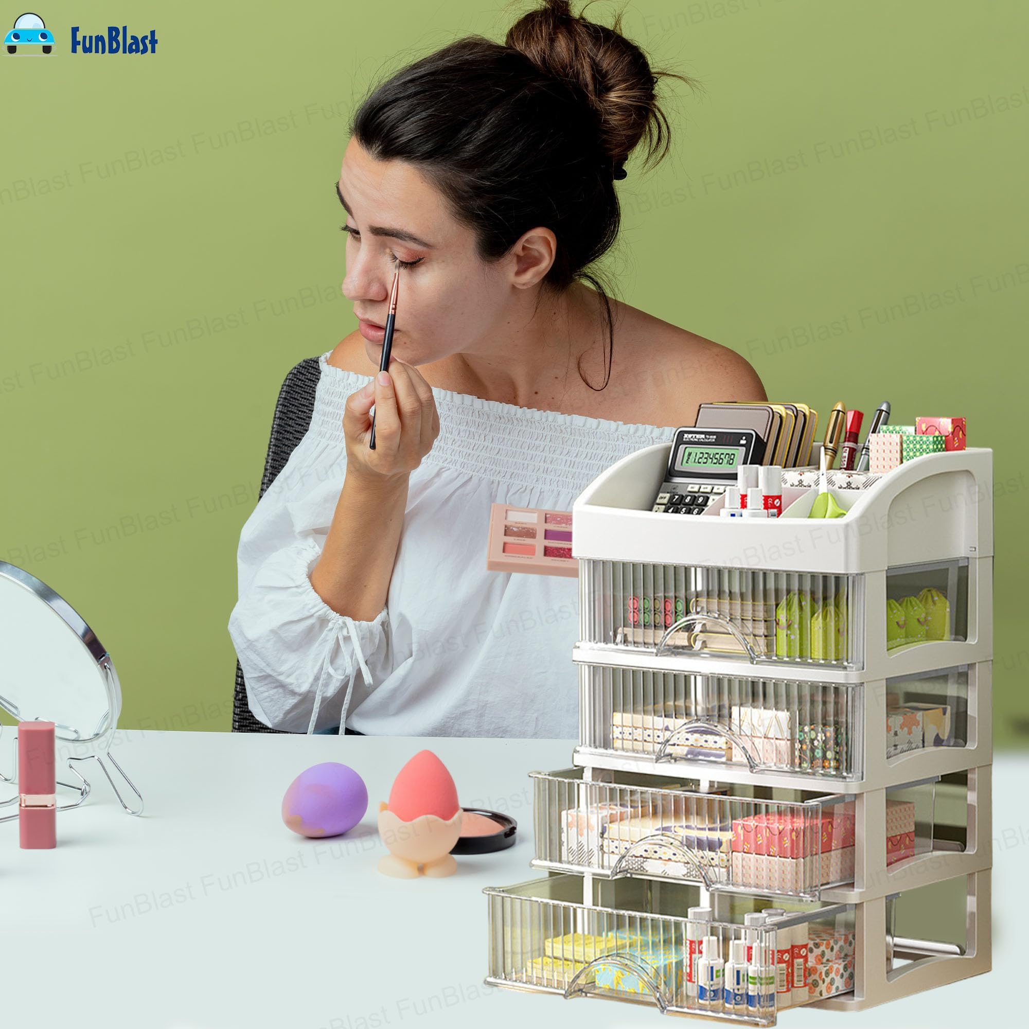 FunBlast Organizer da scrivania con cassetto, supporto per cancelleria, portapenne e matite, portapenne, organizer da scrivania multifunzionale, organizer da scrivania a 4 scomparti (bianco)