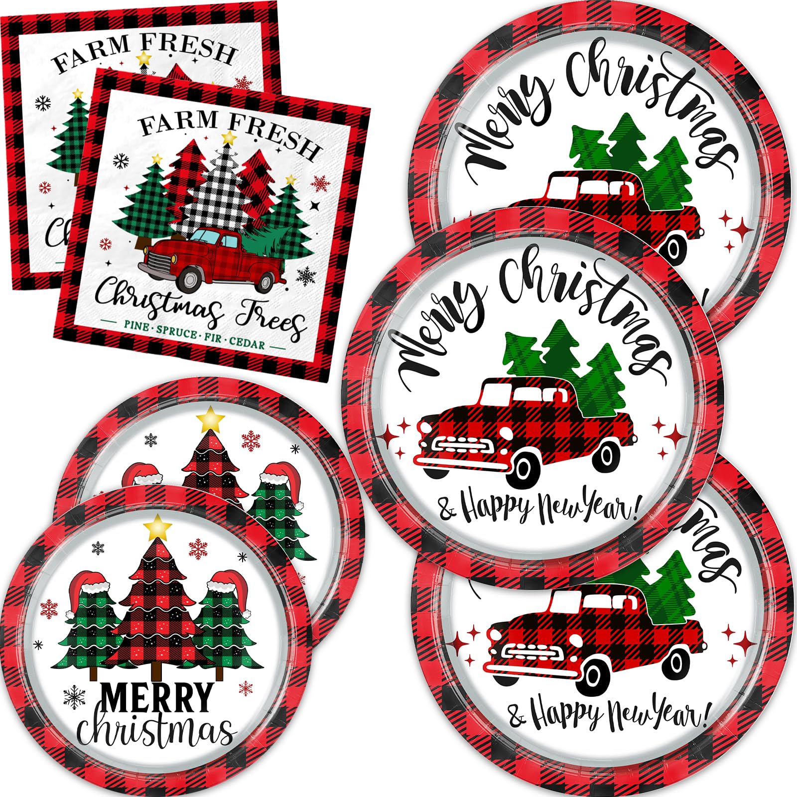 GREHUMOR 60Pcs Truck Christmas Plates and Napkins Red Truck Christmas Tree Party Supplies Buffalo Plaid Xmas Paper Plates Napkins for Merry Christmas Party Supplies Serve 20