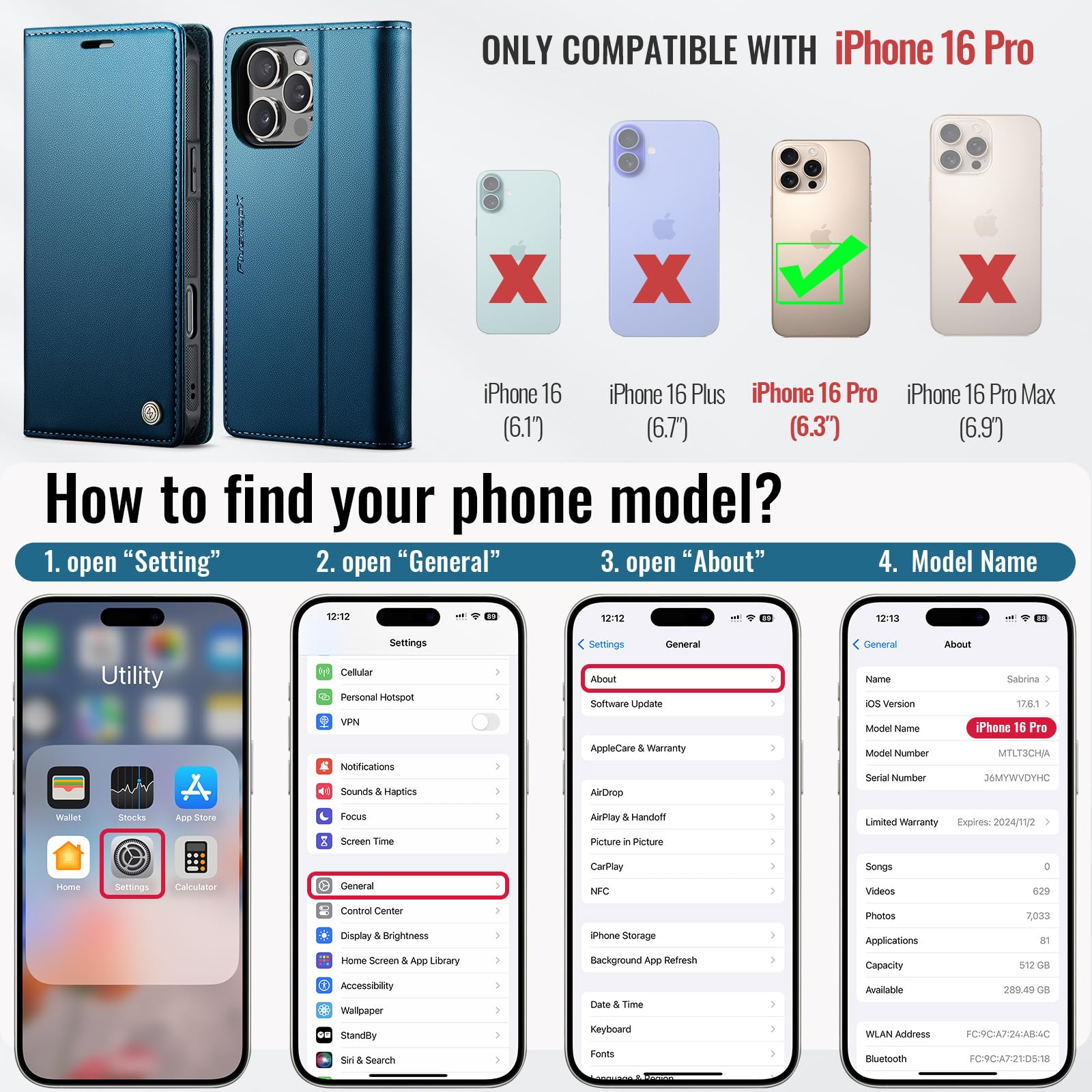 Custodia a portafoglio staccabile per iPhone 16 Pro 2 in 1, blu | Compatibile con Magsafe, magnetico, porta carte di credito con blocco RFID, antiurto, cavalletto, ricarica wireless