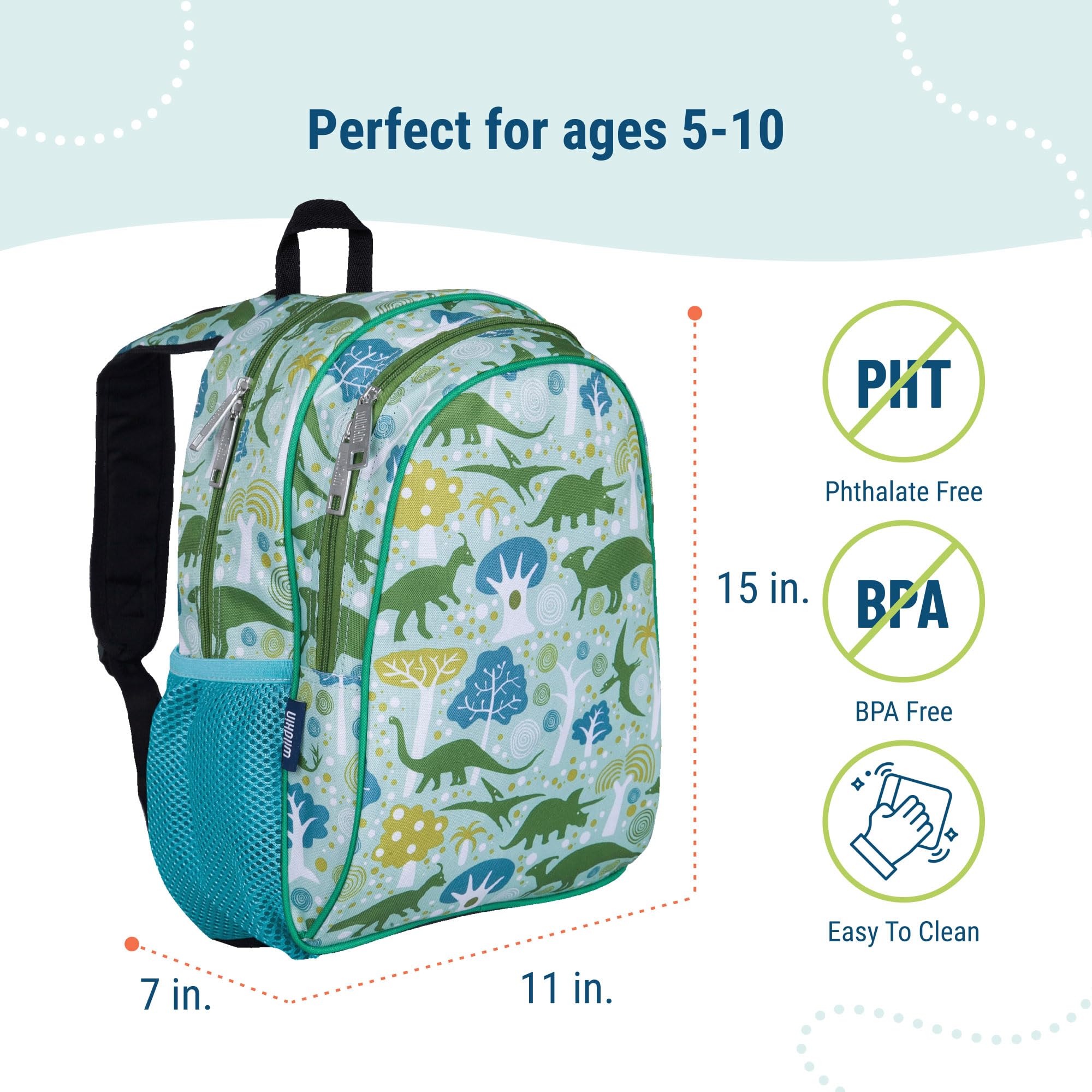 Wildkin 15-inch Kids Backpack – Durable, Padded, Adjustable for School & Travel - Dinomite Dinosaurs