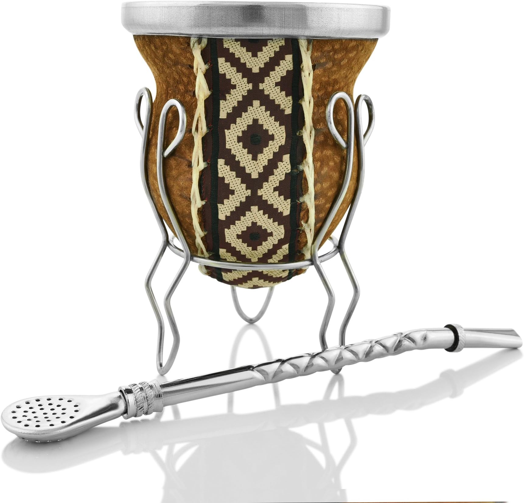 Leather-Encased Glass Mate Gourd, Wire Stand and Bombilla Set by El Matero: Easy-Clean Glass for Traditional Argentinian Tea Ritual | Handmade Artisan Design with Leather | Earthen Burgundy Color