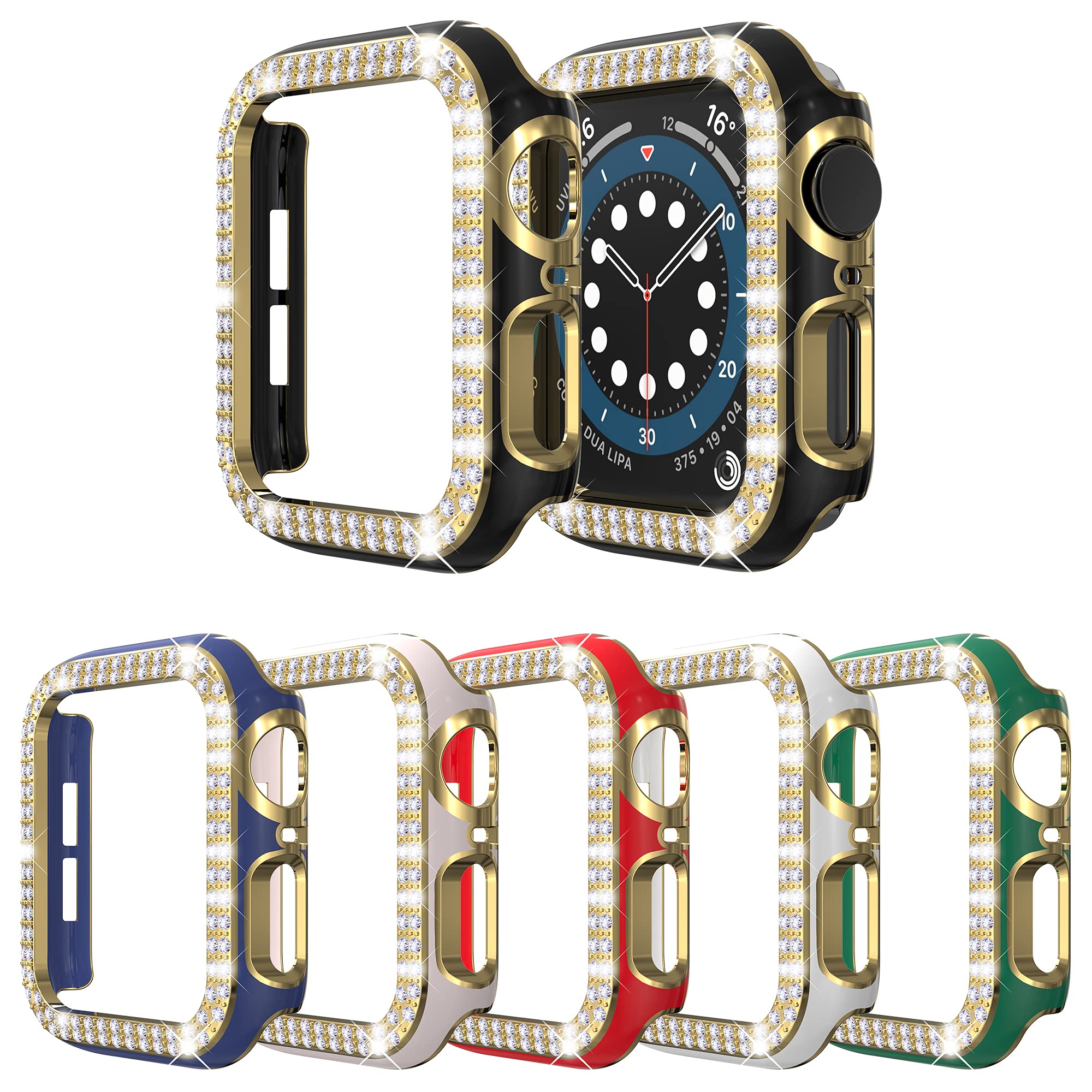 RICHONE Compatible with Apple Watch Series 3 2 1 38mm Case, [6-Pack] Bling Diamonds Protector Hard PC Cover for Women Girls Bumper (Golden Series, 38mm)