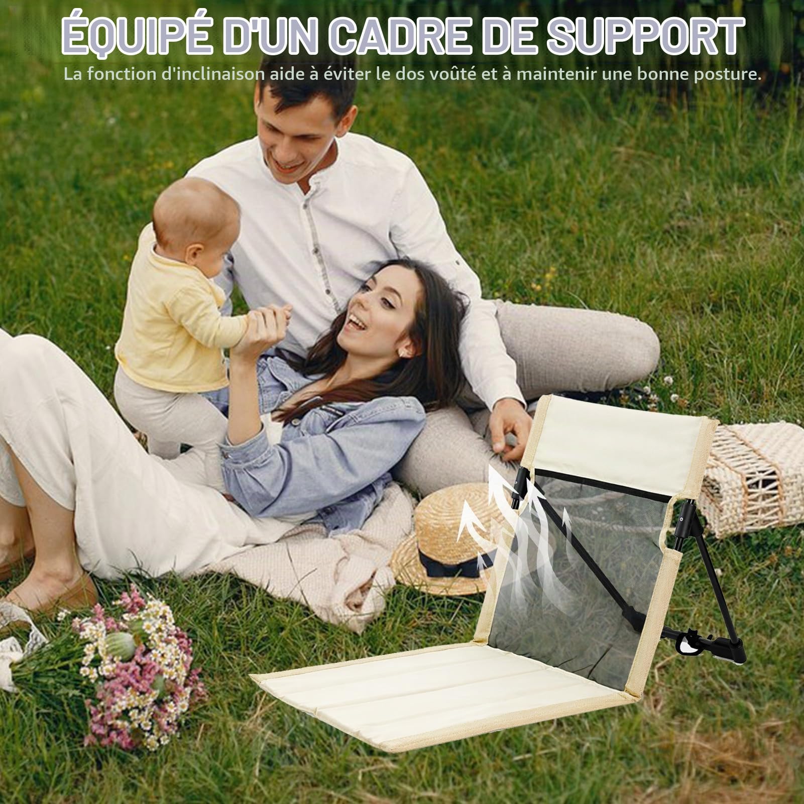 Chaise de Plage Pliable,Respirante Tapis de Plage avec Dossier, en Tissu Oxford 600D, Portable Chaise de Plage Pliante Ultra Légère, pour Camping, Plage, Pplein Air, Herbe,Jardin(Beige)