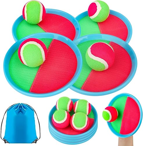 Juego de pelotas para lanzar y atrapar, juegos de playa para interiores y exteriores, juguetes para niños con 4 paletas, 4 bolas, 1 bolsa de