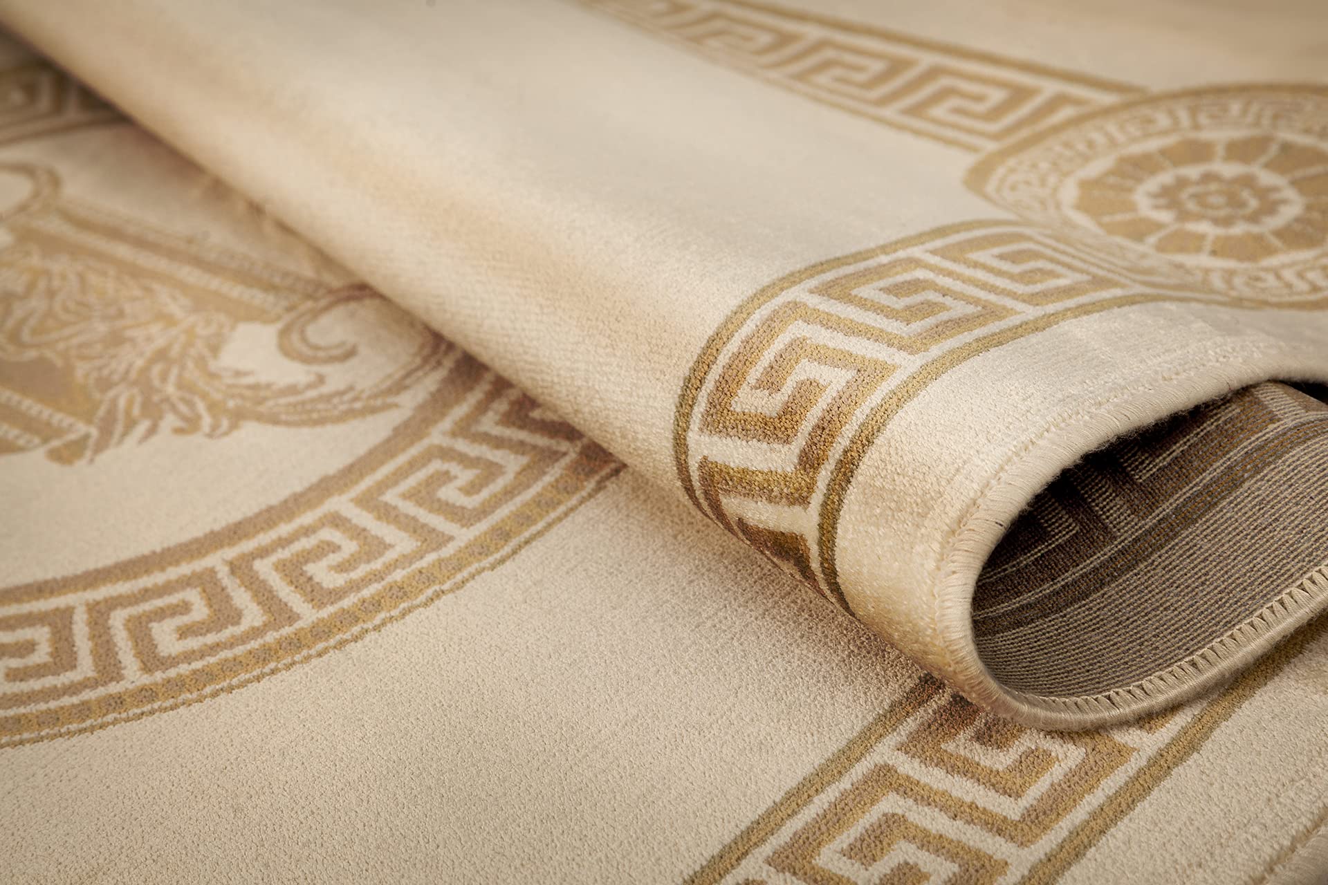 Runder Teppich in beige gold 150 Durchmesser Mäander Amphore Muster mit Fransen Wohnzimmer Schlafzimmer Flur Rund - Kurzflor 100% Viskose weich rutschfest öko tex - creme beige, 150 cm, Rund
