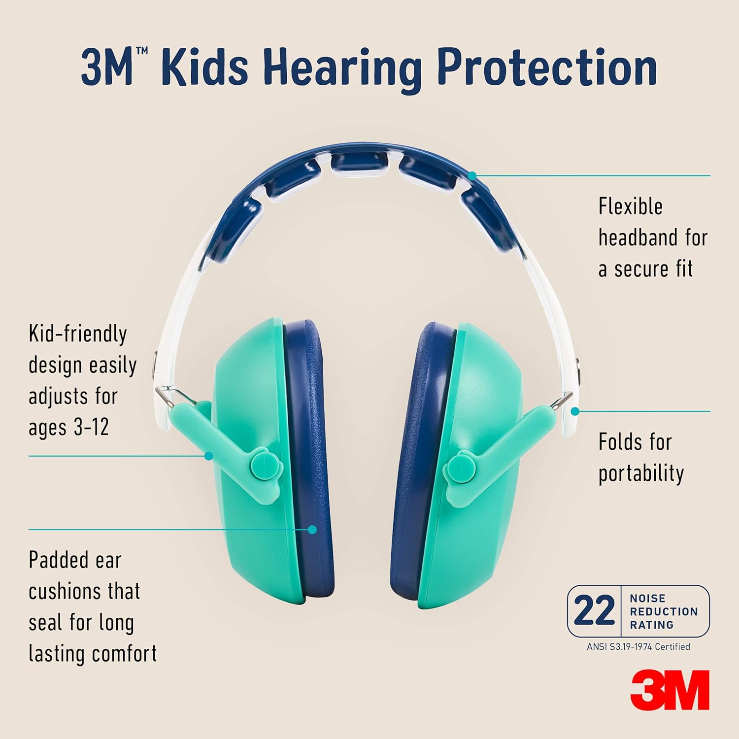 3M Kids Hearing Protection, Hearing Protection for Children with Adjustable Headband, Green, 22dB Noise Reduction Rating, Studying, Quiet, Concerts, Events, Fireworks, For Indoor and Outdoor Use : Everything Else