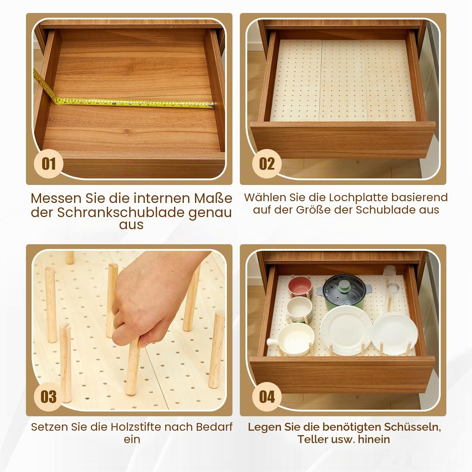 Kigley 6 Stück Holz Stecktafel Schublade Organizer Mit 48 Klammern - Peg Board System für Geschirr und Lebensmittelbehälter - Küche Platte Organizer