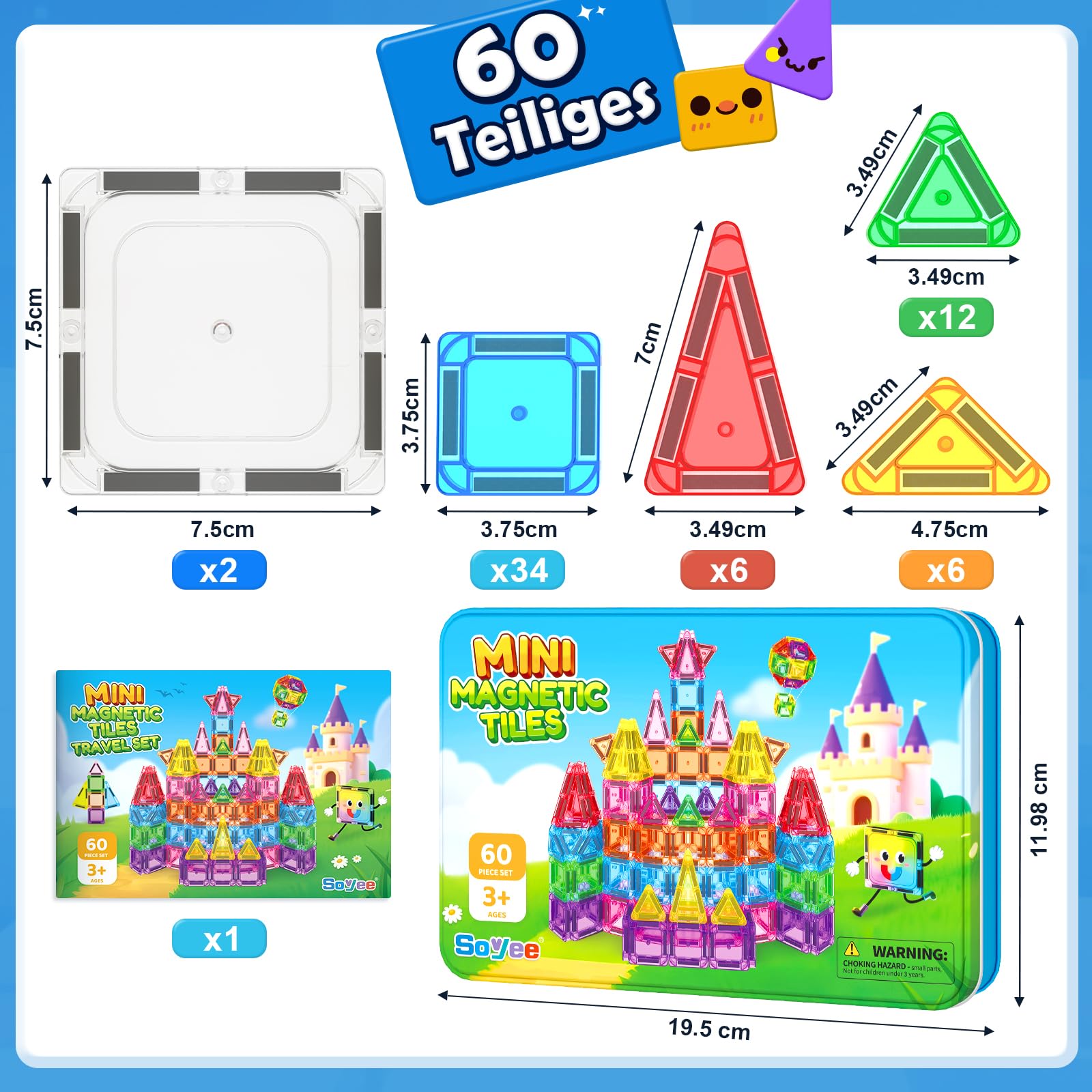 Mini Magnetische Bausteine Reiseset 60PCS mit Metallbox, STEM Lernspielzeug | Tragbares Reisespielzeug ab 3 Jahren für Kinder, STEM Bauspielzeug, Sensorik-Spielzeug, kompatibel mit Magnetbausteinen