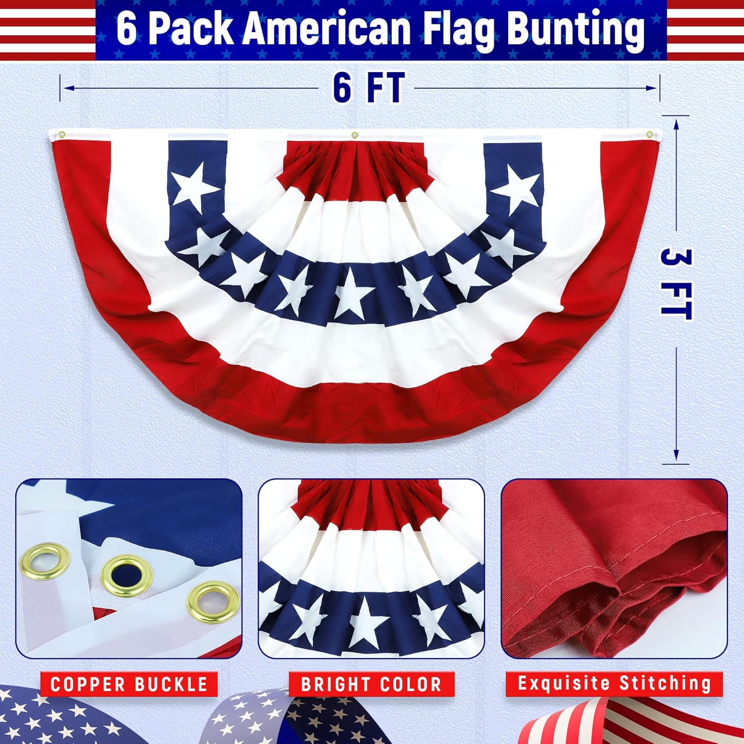 3x6 FT 6PCS Patriotic Bunting Flags 4th of July Decorations,Large American Flag Bunting for Outside Porch July 4th Decor Memorial Day Independence Day (6 Pack-3x6 FT)