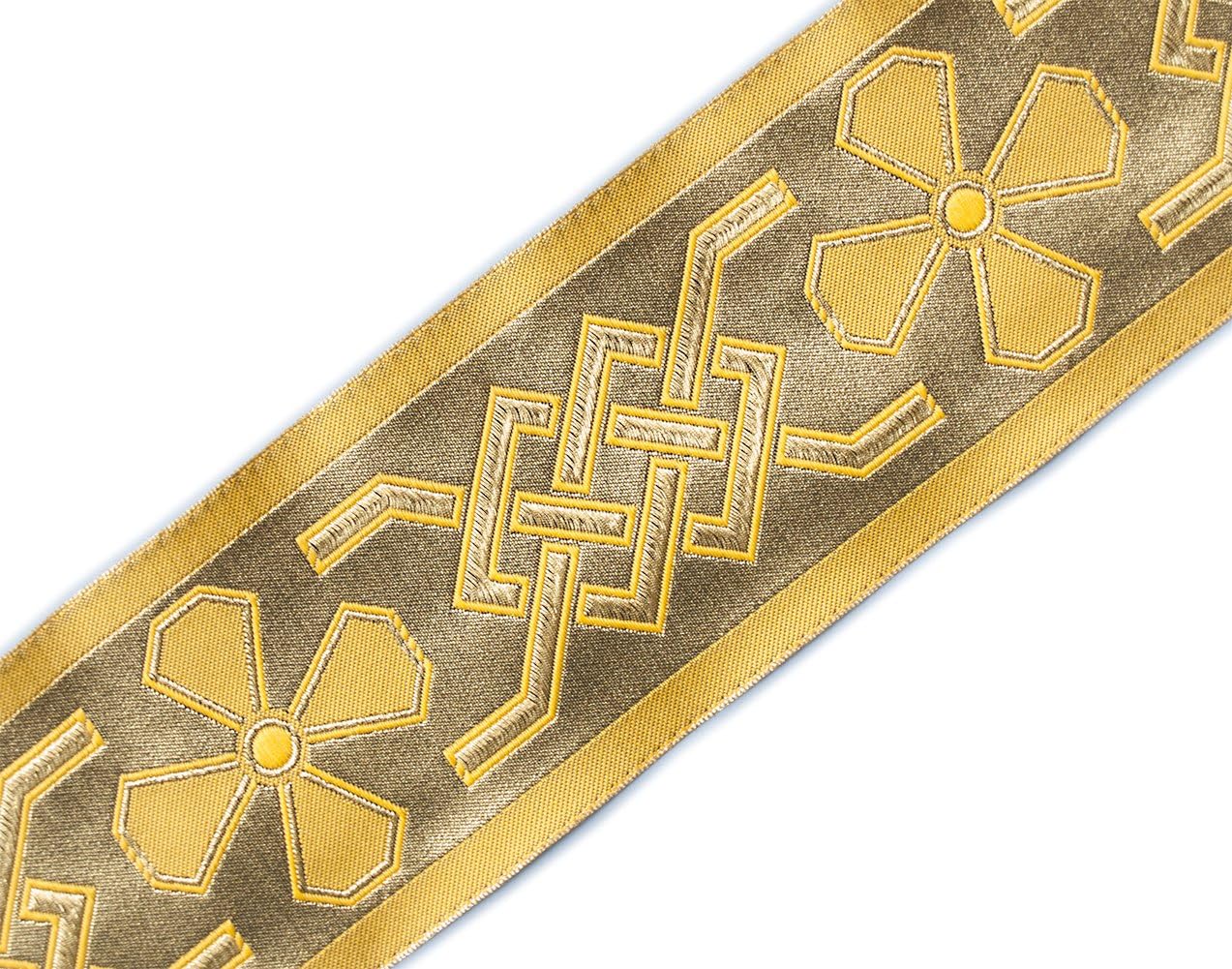 Wide Jacquard Vestment Trim. Celtic. Gold on Gold, Black 3¾" Wide, 3 Yards