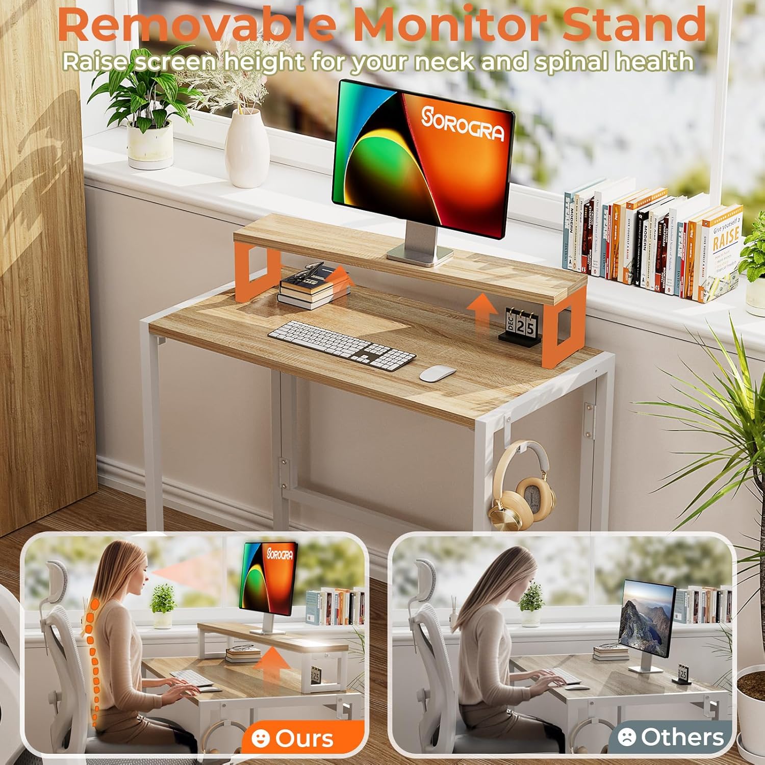 Small Folding Desk 31.5 Inch, Foldable Computer Desks with LED Lights and Monitor Stand, Work Portable Table for Bedroom Home Office, Oak