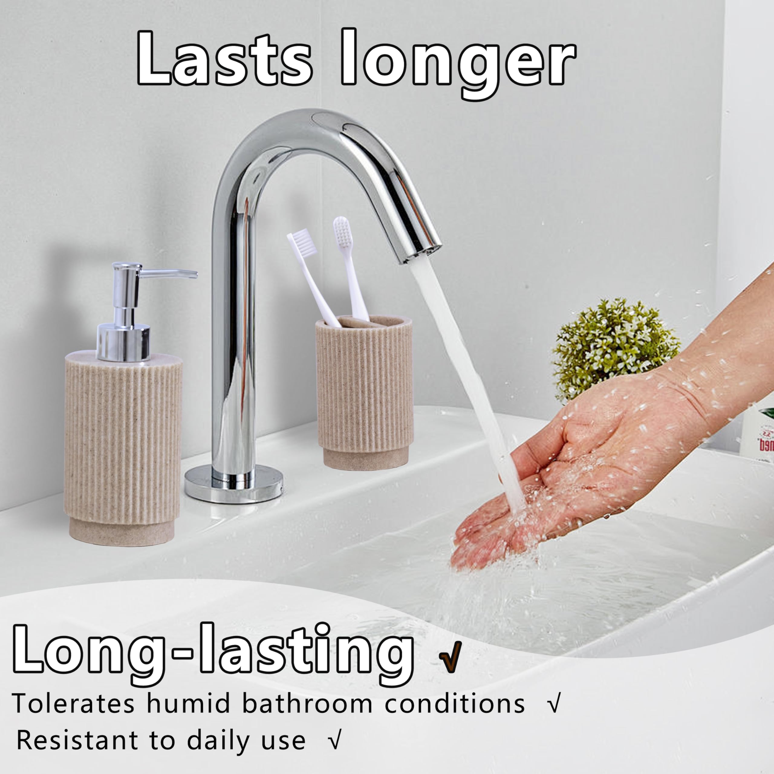 Badezimmer Set 4-TLG Beige | Seifenspender + Zahnputzbecher Set mit Halter & Seifenschale | Streifen-Design aus Polyharz | Bruchsicher, Wasserdicht & Anti-Rutsch