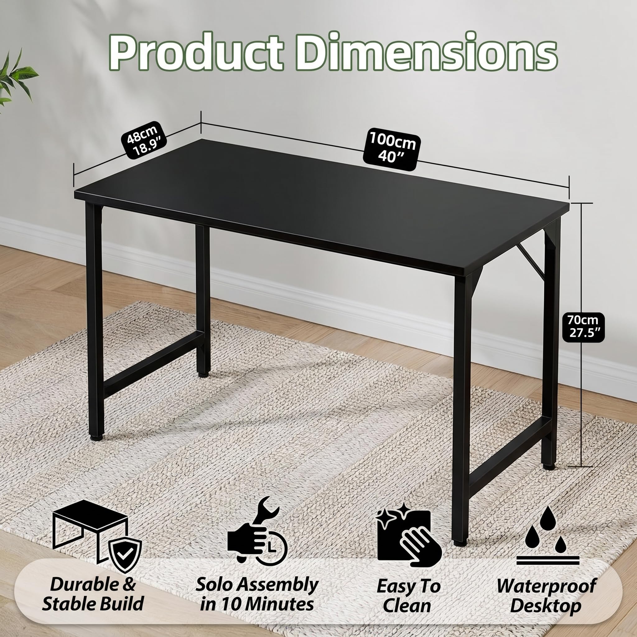 Grandder Bureau d'ordinateur de 100 cm, petit bureau de bureau à domicile pour les études, table d'écriture pour enfants, bureau simple pour PC et jeux, pieds ajustables, noir