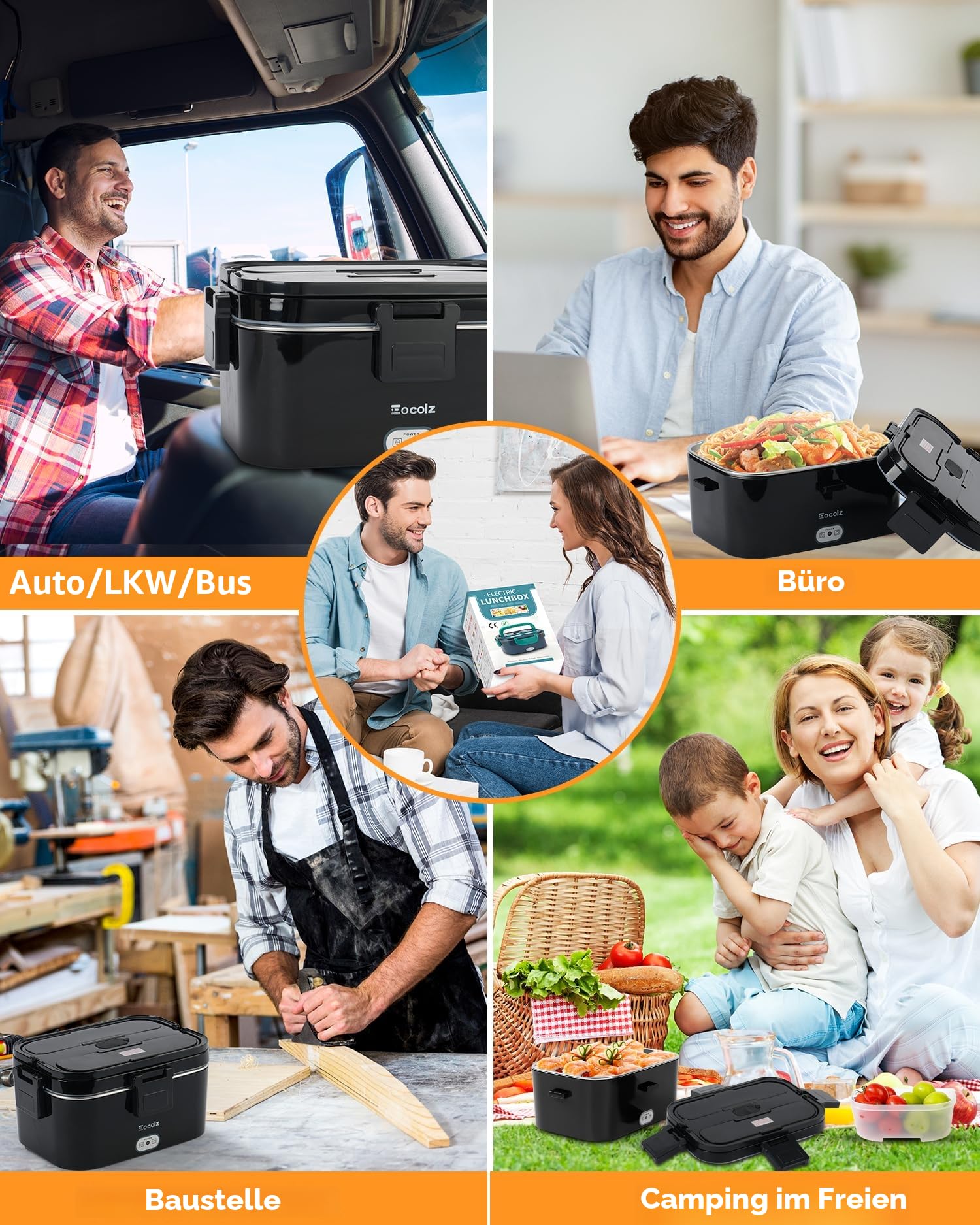 Eocolz Elektrische Lunchbox Food Heater 100W, Speisenwärmer mit Doppelbehälter 1,8L Tragbare Beheizte Lunchbox für Auto LKW Arbeit Edelstahl Gabel & Löffel 12/24/110V für Erwachsene