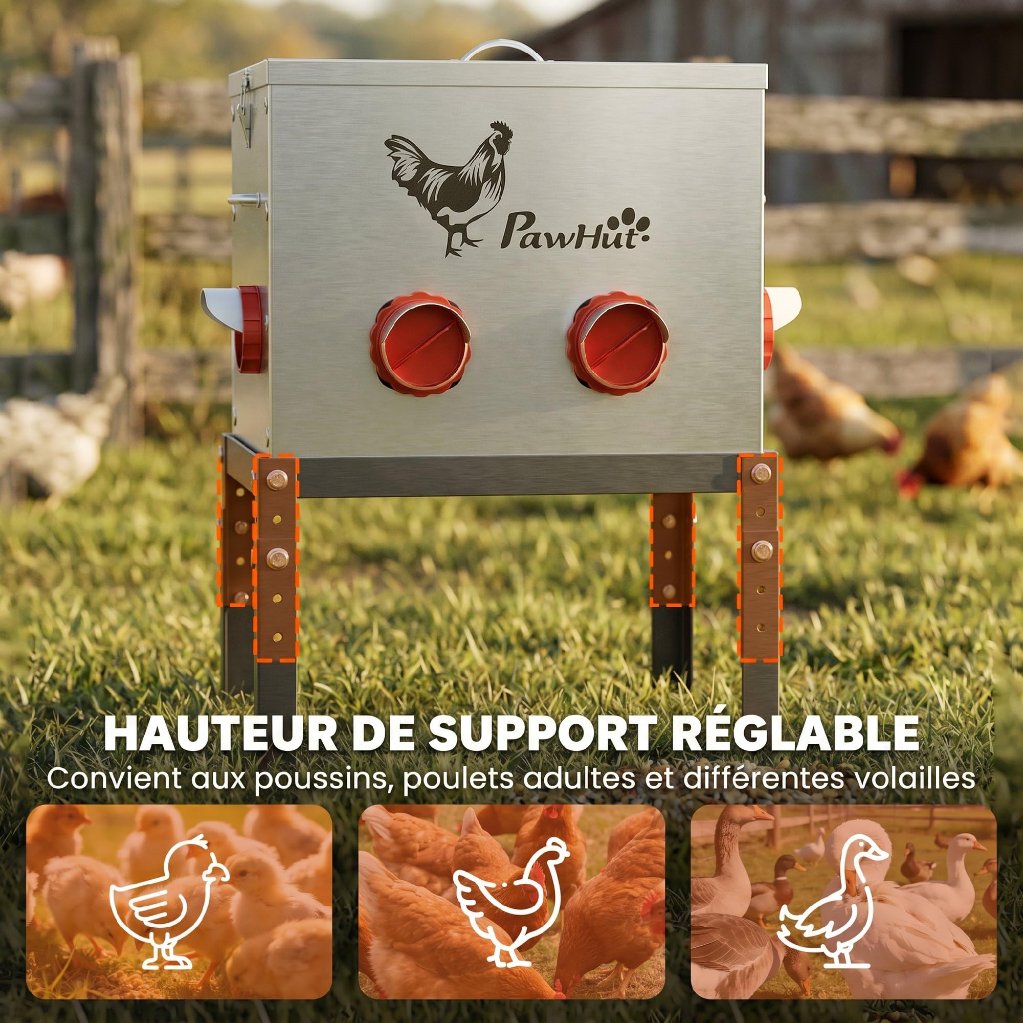 PawHut Mangeoire Automatique à Poulet 27 L en Acier Galvanisé, 6 Ports, Couvercle Verrouillable, Hauteur Reglable, Anti-Gaspillage, Grande Mangeoire pour Poules Canards, Argent