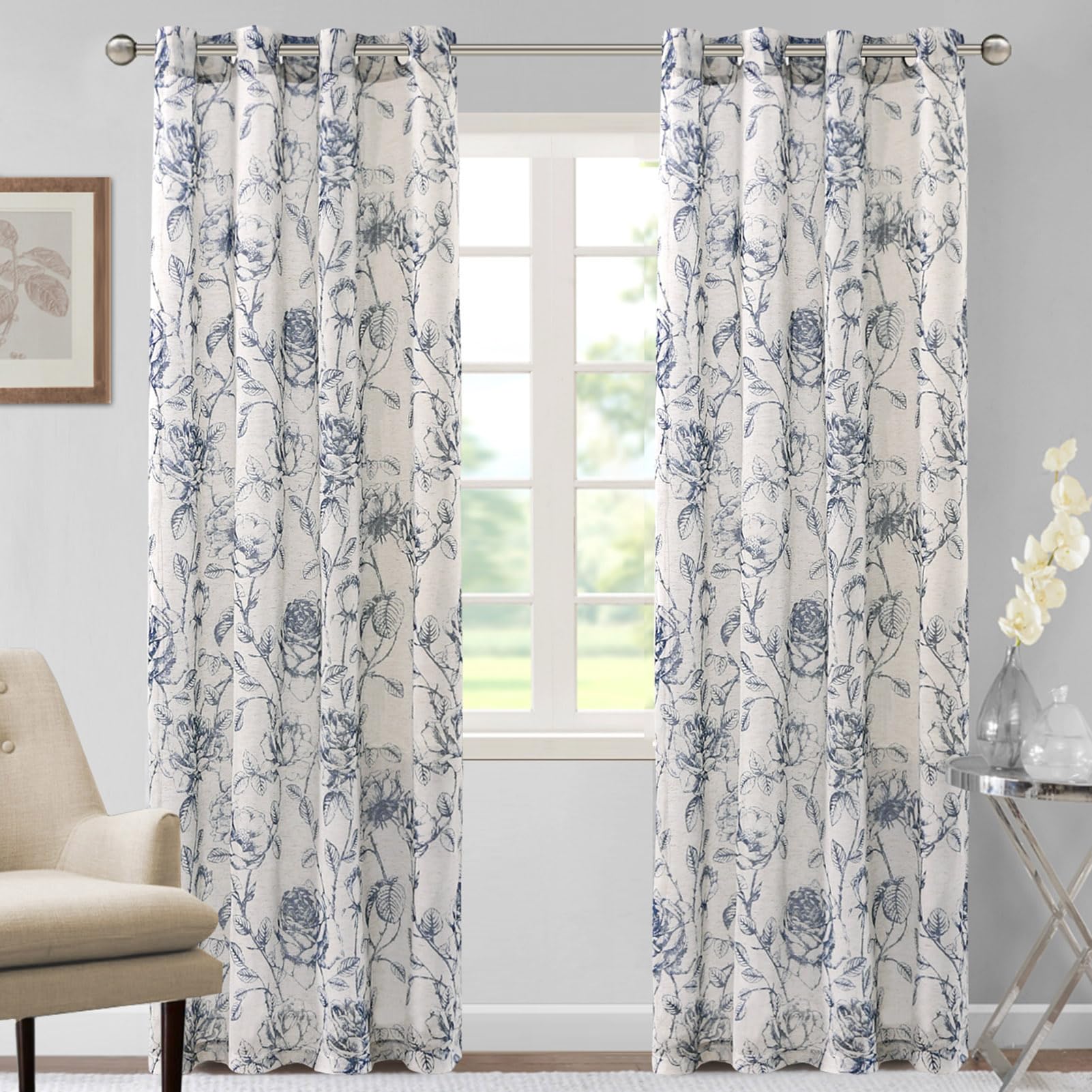 DEZYPZAM Floral Linen Semi Sheer Curtains, Light Filtering Privacy Window Curtains, Semi Sheer Window Curtain Drapes for Living Room/Bedroom (Navy Blue,52 x 96 inch)