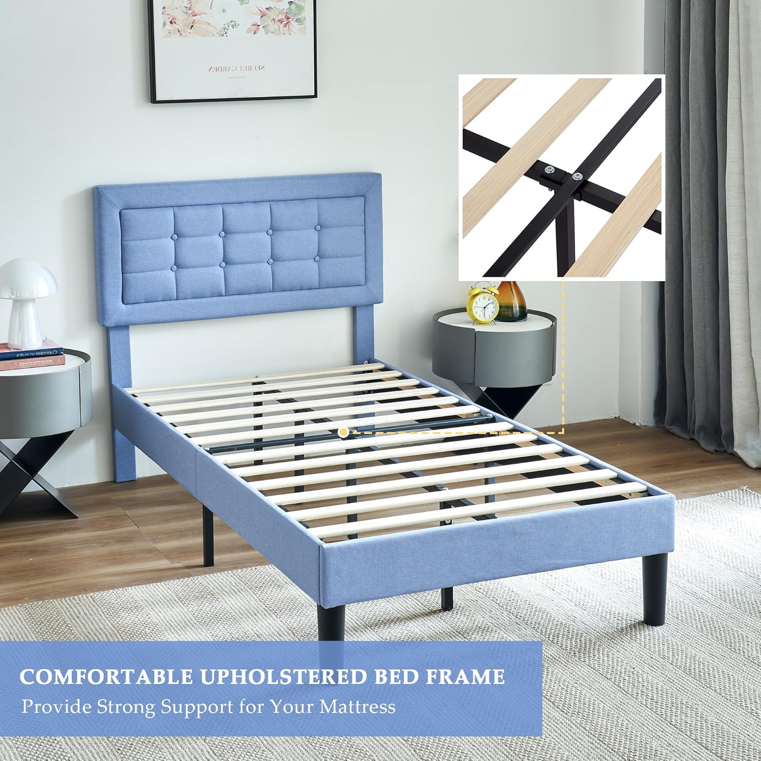 VECELO Twin Size Bed Frame with Adjustable Headboard, Upholstered Button Tufted Platform Bedframe with Wood Slats Support, No Box Spring Needed, Light Blue